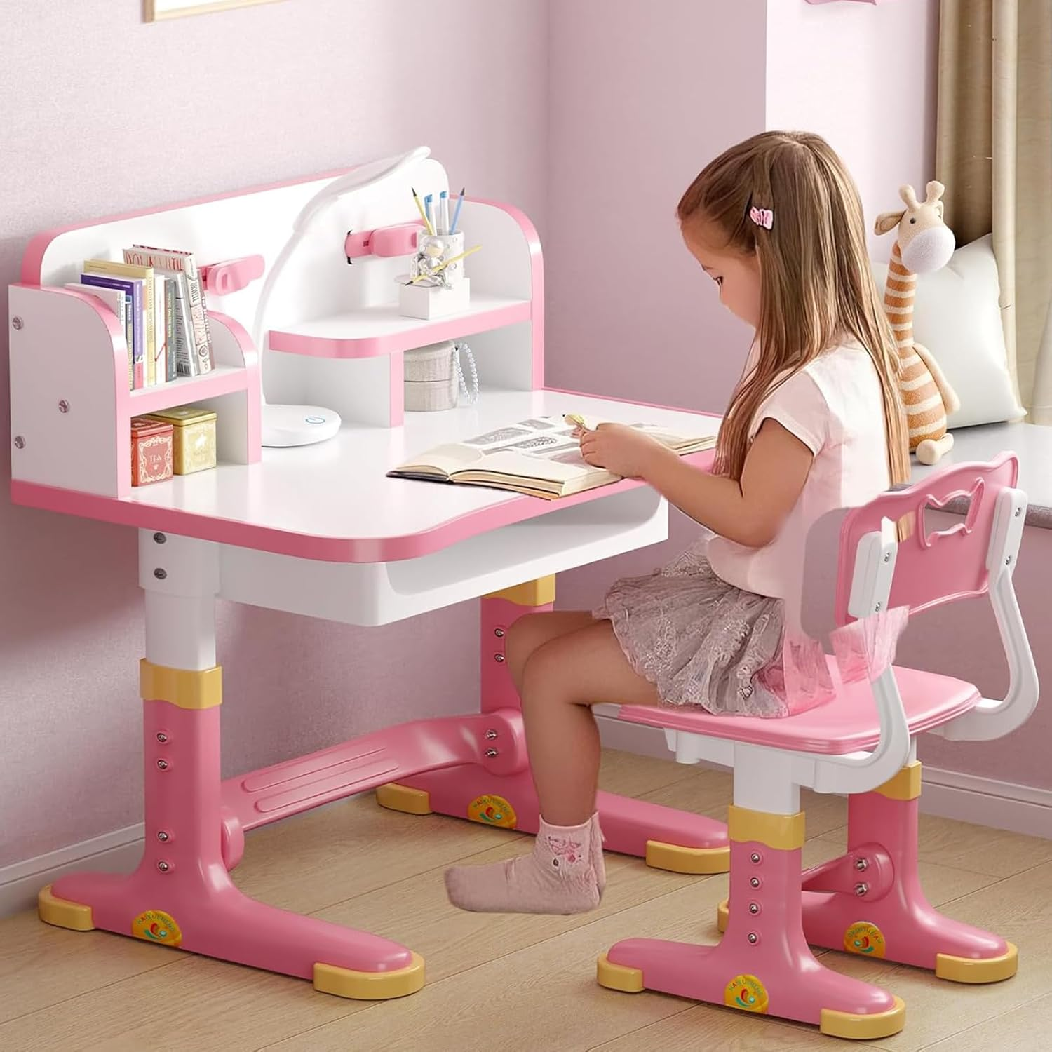 Kids' Desk Chair Sets,Adjustable Height Children Kids Study Desk and Chair Set, Multifunctional School Student Writing Study Table and Set with Storage Drawer,Pink image number 6