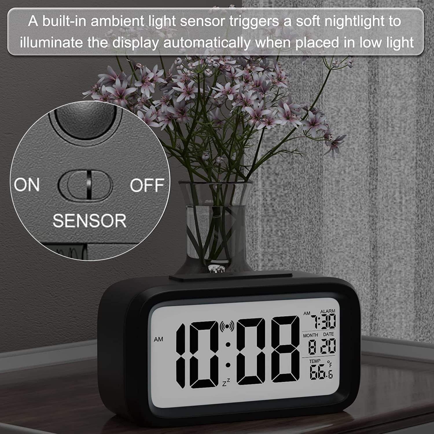 Necomi Nightlight Digital Alarm Clock, Creative Smart, Bedside Desk Table Electronic Clock Battery Operated Mute Luminous Alarm Clock with Adjustable Light, Suitable for Students and Children (Black) - Pink image number 4