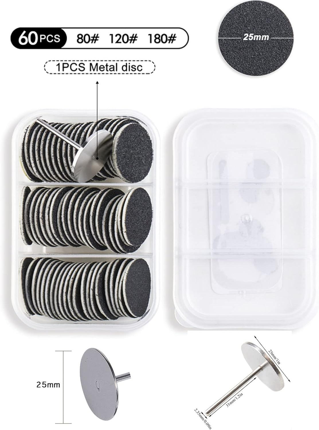 60Pcs Replacement Sandpaper Disk with Metal Nail Drill Bit,25Mm Self-Adhesive Pedicure Sanding Paper Disc Pads for Manicure Pedicure,80/120/180# Grit image number 1