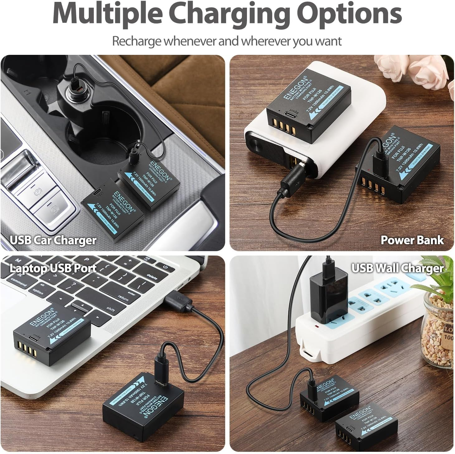 ENEGON NP-W126/W126S USB C Direct Charging Replacement Batteries 1500Mah (2-Pack) with 2 in 1 USB-C Charging Cable for Fujifilm NP-W126 Finepix HS30EXR HS35EXR HS50EXR X-A1/E1/E2/E3/M1/Pro1/T1/T3