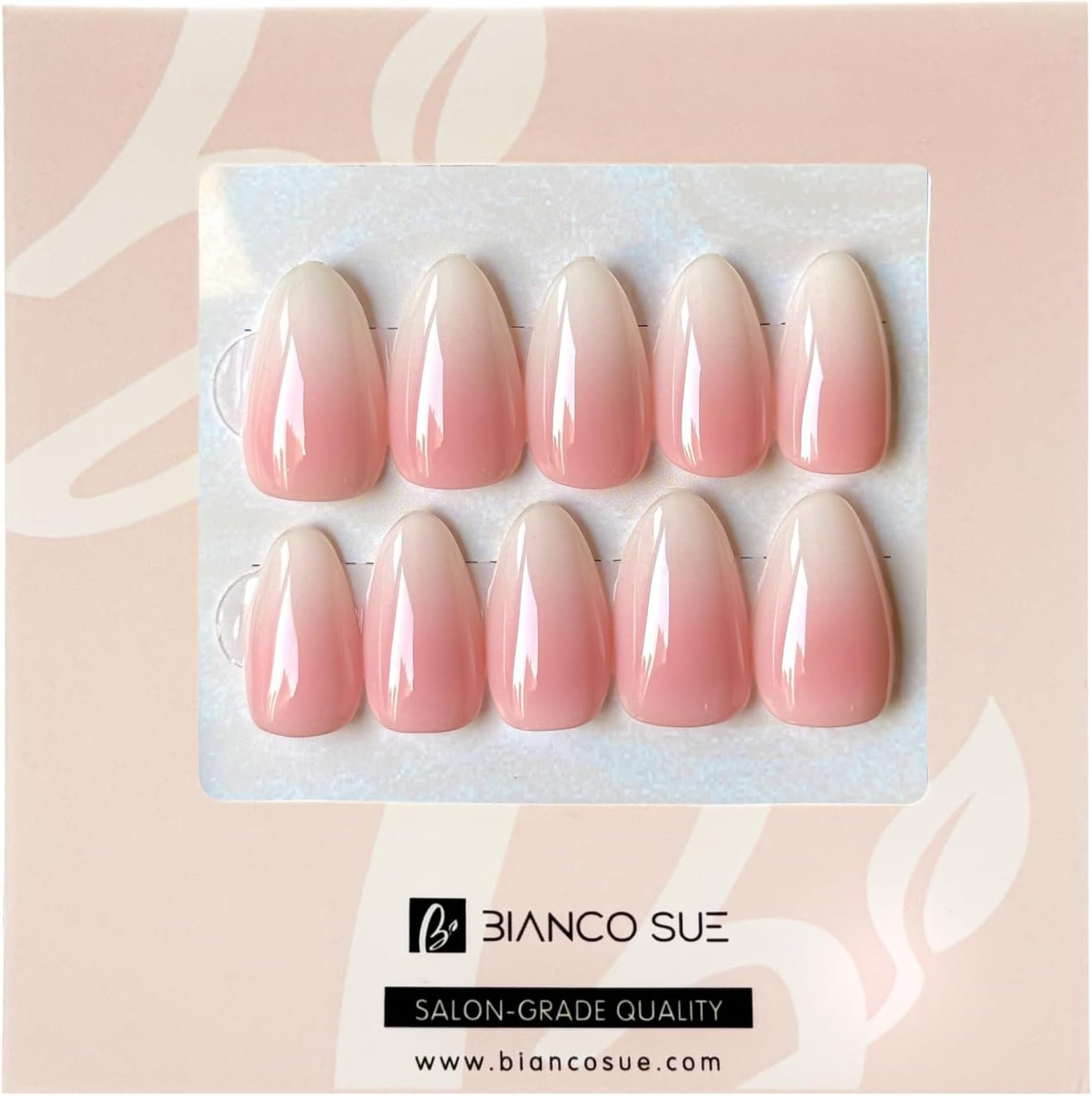 Bianco Sue Press-On Nails | Pink to White Ombre Almond False Nails, Reusable Stick-On Fake Nails with Adhesive Tabs and Glue | Salon-Grade Quality | Transparent Storage Box | 15 Sizes - 30 Nail Kit image number 1
