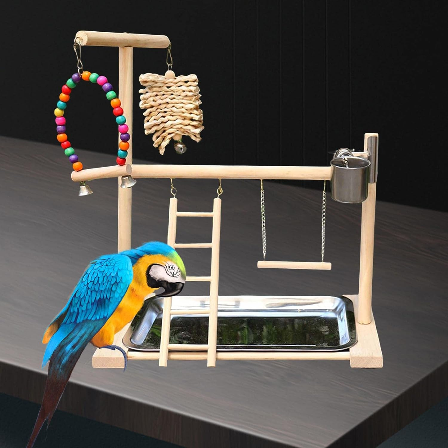 Pet Parrot Playstand Playground with Feeder Wood Perch Gym Playpen Climbing Ladder Toys for Budgie Cockatiel Parakeet image number 1