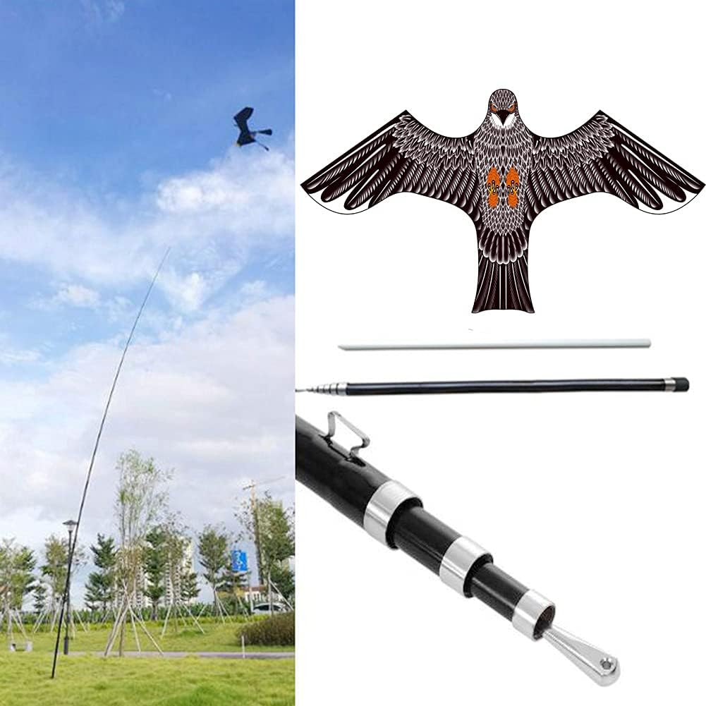 Yomyray Birds Repeller Flying Kite,Simulated Hawk,Flash Reflective Scarer,Wind Power Professional Pigeon Scarer Device for Backyard Lawn and Farm Garden Scarecrow (Kite and Rod-One Set)