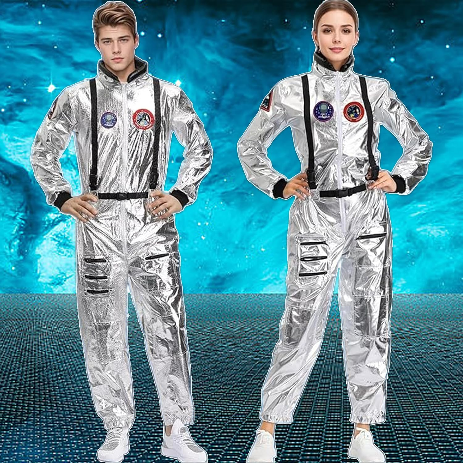 Men'S Astronaut Costume Jumpsuit Adult Shiny Silver Space Suit with Embroidered Patches and Pockets Halloween Spaceman Costume image number 2