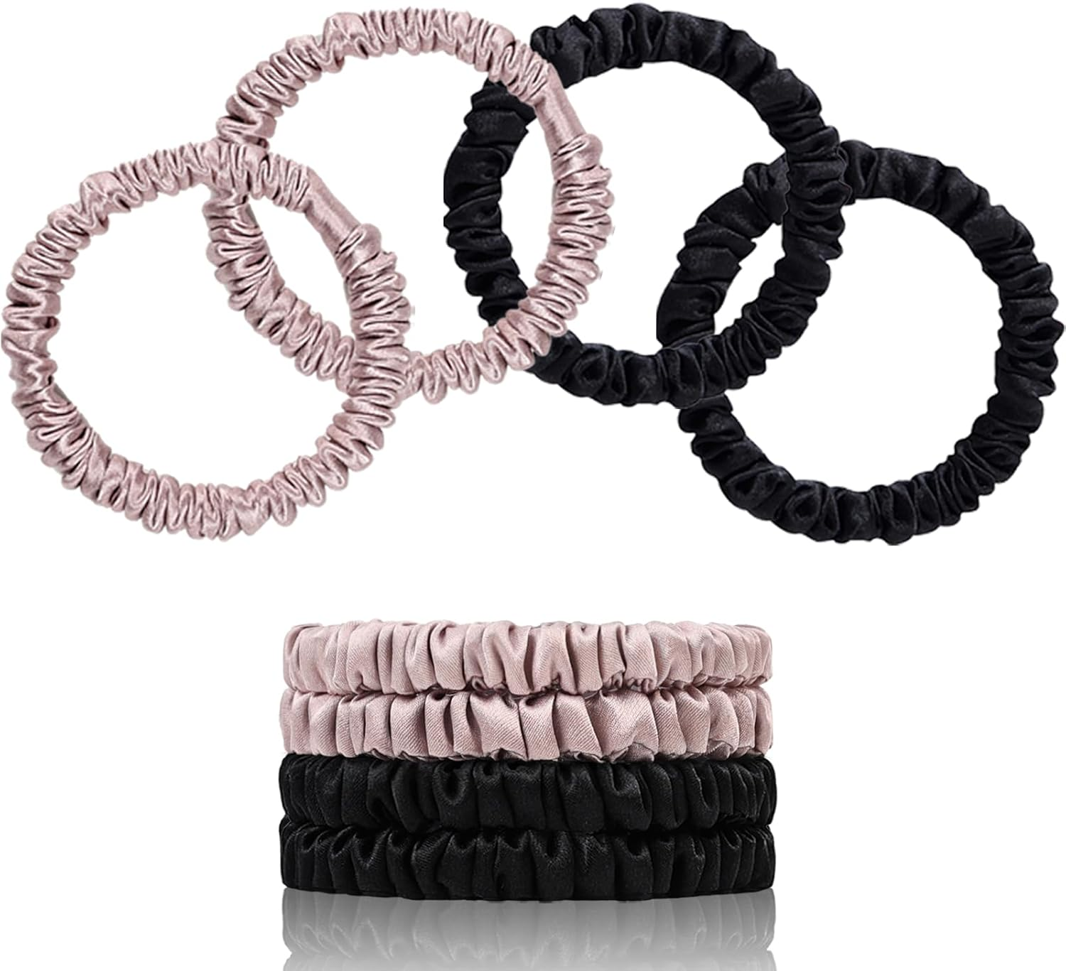 SEMRUE 22 Momme 100% Pure Mulberry Silk Scrunchies (4 PCS) - Small Hair Elastics and Ties for Women, Sleep Hair Care, No Damage, Black