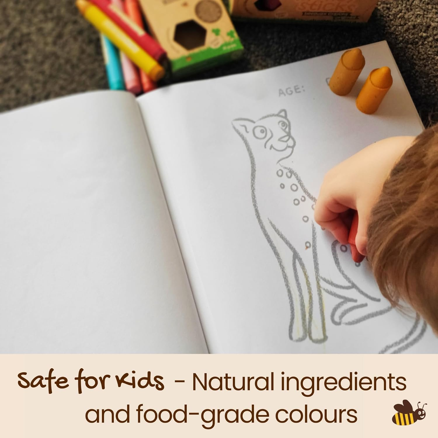 Honeysticks 100% Pure Beeswax Crayons and Colouring Book Pack - Large, Easy to Hold, Non Toxic Crayons (12 Pack) plus a Bound Colouring Book, Wonderful for Toddlers image number 1