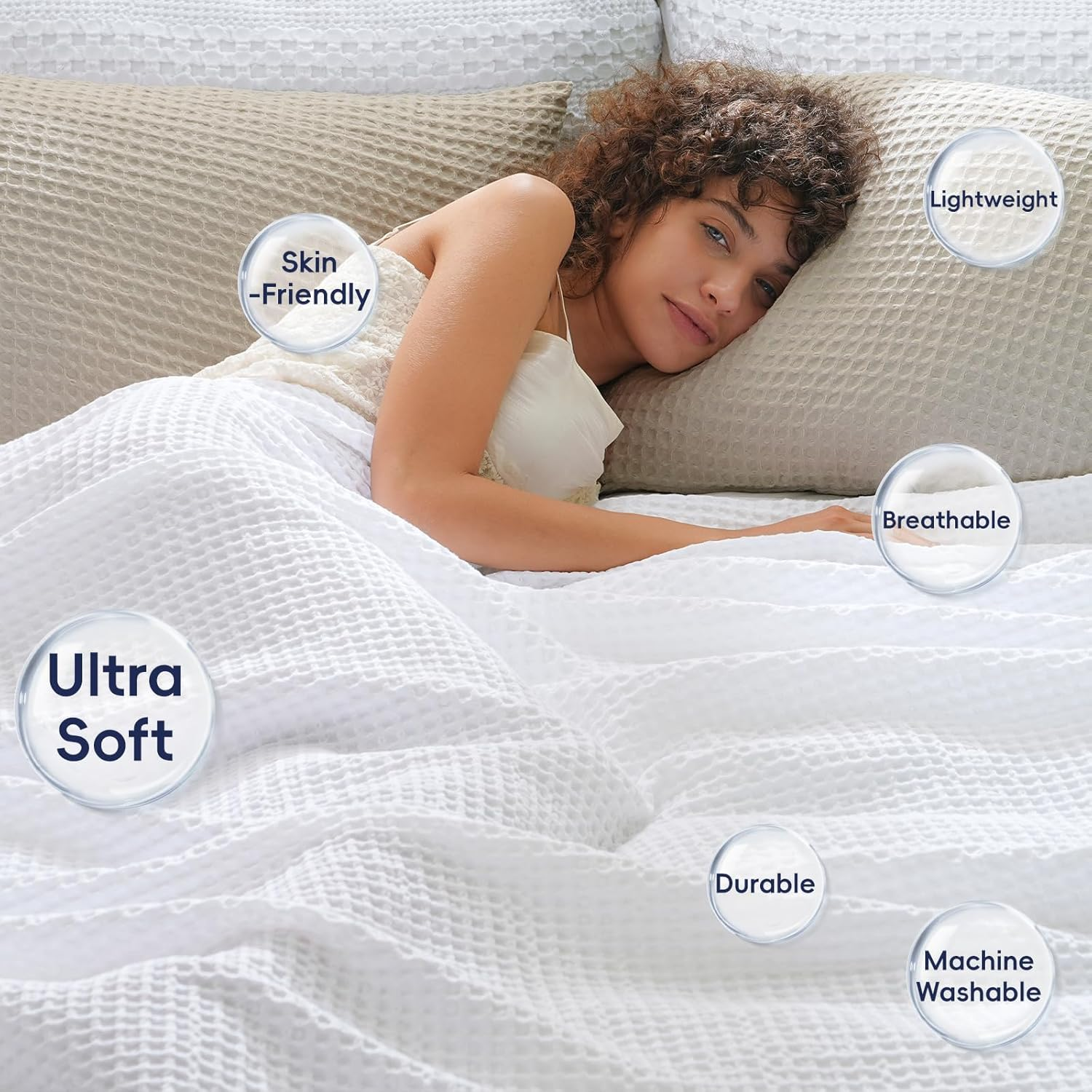 100% Cotton Blanket, Waffle Weave Blanket for Bed and Sofa, Breathable and Soft, 350GSM Premium Cotton, White, 127X152Cm image number 6