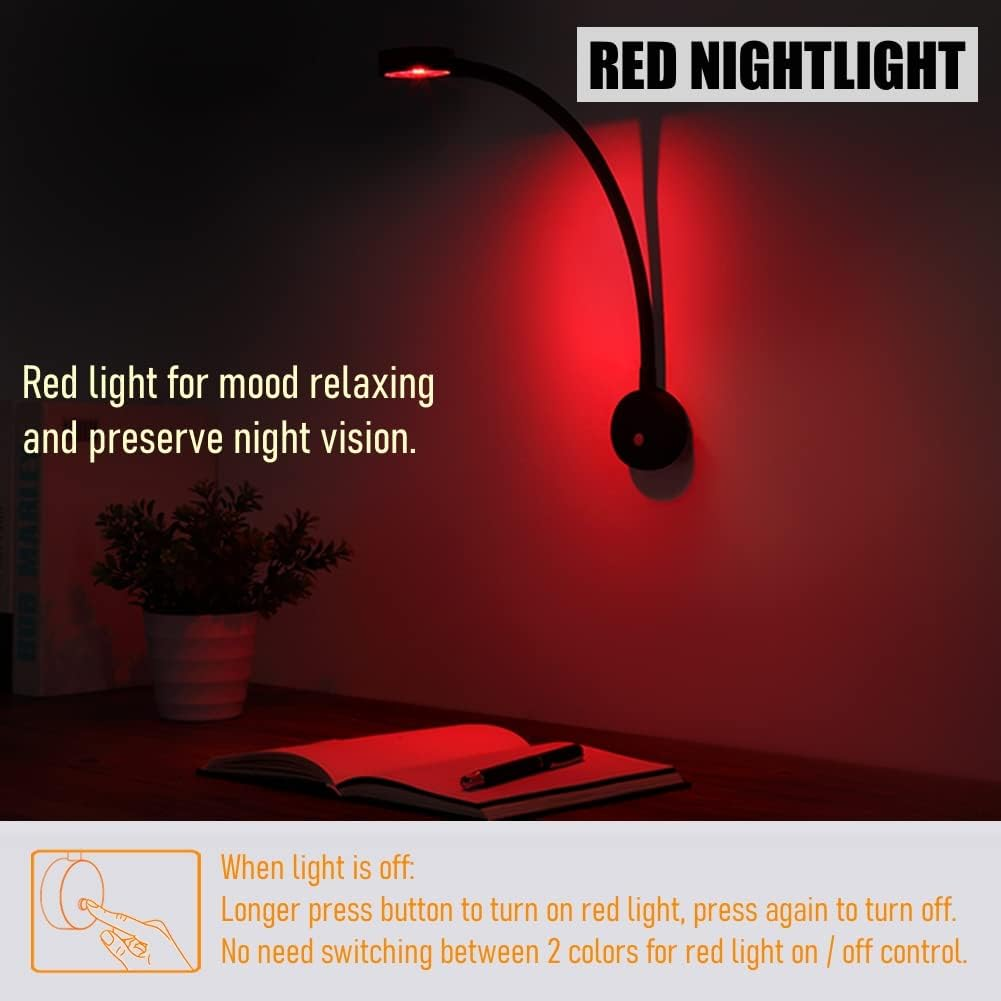 RV LED Reading Light Flexible Spot Inbuilt USB Charger&Red Night Light 12V Bedside Lamp for Motorhome Caravan Campervan Boat, Inbuilt Dimmer Switch DC12-24V Hard-Wired image number 1