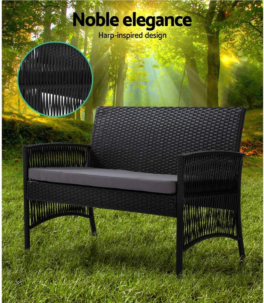 Gardeon 4PCS Outdoor Sofa Set Wicker Harp Chair Table Garden Furniture Black image number 1