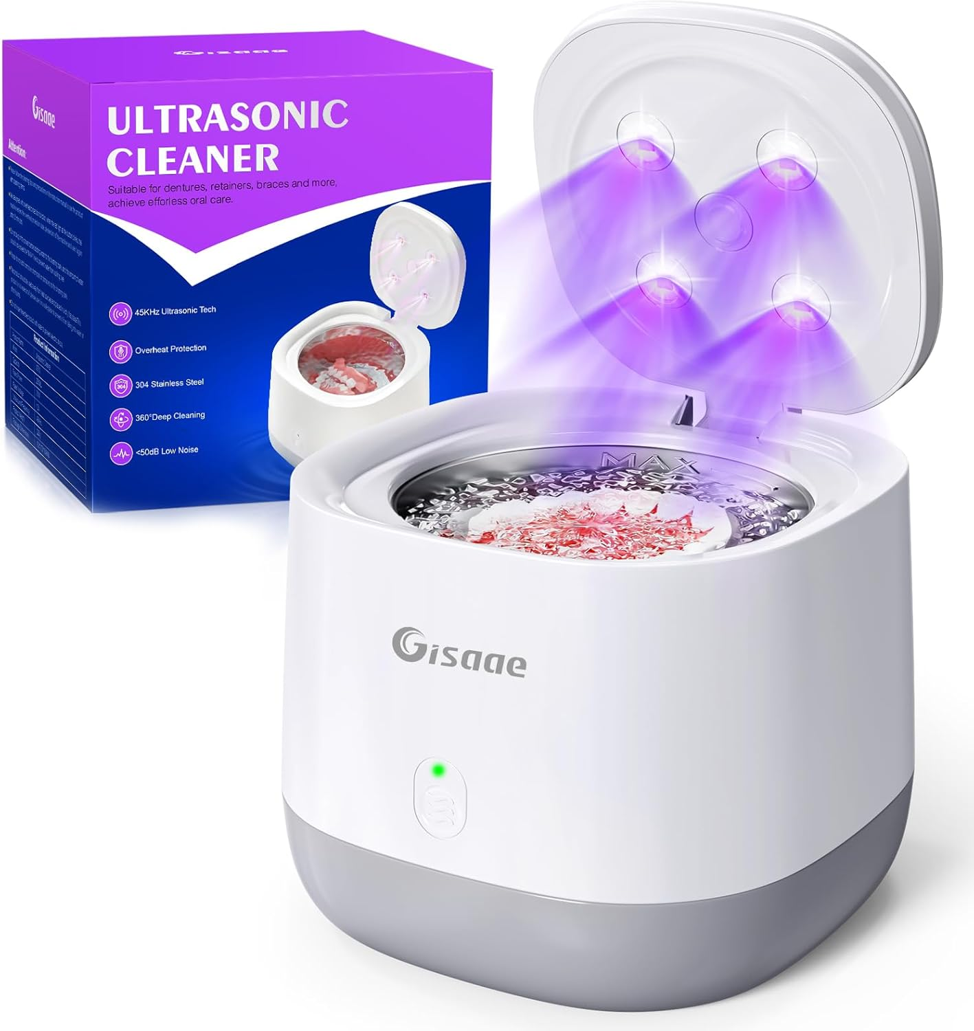Gisaae UV Ultrasonic Retainer Cleaner, Portable Ultrasonic Cleaner, 45Khz Retainer Cleaner Machine for Dentures, Mouth Guards, Braces, Toothbrush Heads, Jewelry with 250ML Capacity, Retainer Cleaning for All Dental Appliances image number 2