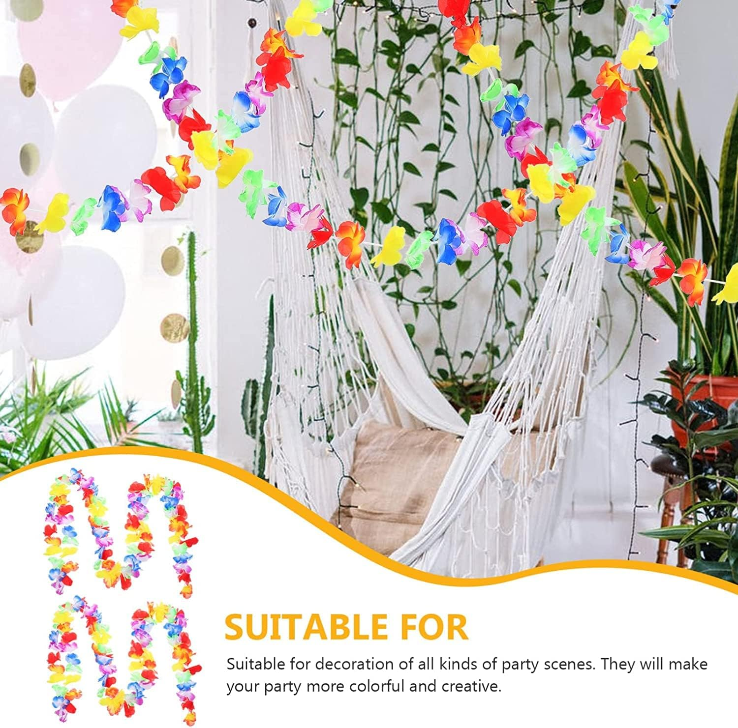 4 Pack 10 Feet (3M) Hawaiian Luau Party Garland Tropical Flower Lei Garland Party Decorations for Indoor Outdoor Multicolor Silk Straight Hawaiian Bunting image number 3