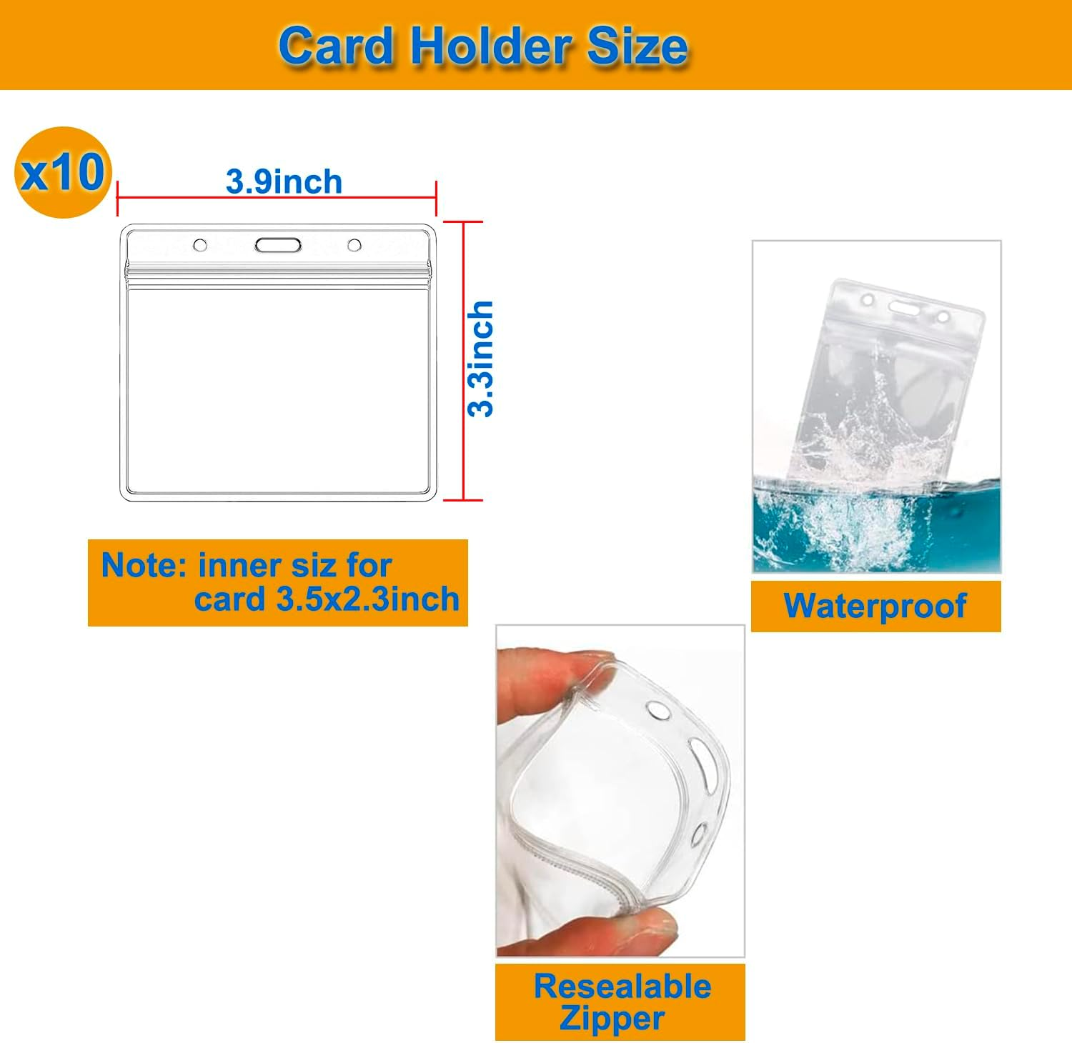 10PCS Horizontal ID Badge Holders, Sealable Waterproof Clear Plastic Holder, Fits Rfid/Proximity/Badge Swipe Cards or Credit Card