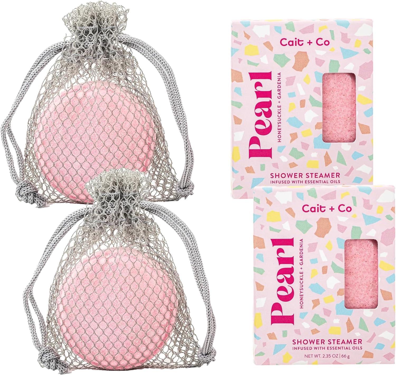 Cait + Co Aromatherapy Essential Oil Infused Shower Steamer with Mesh Bag, Honeysuckle and Gardenia Scent, Pearl - Pack of 2 image number 1