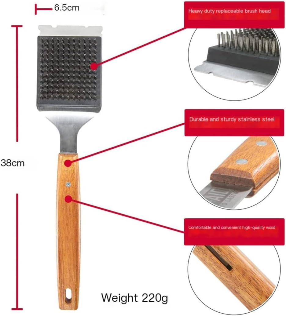BBQ Grill Brush for Outdoor Grill, Scraper for Barbecue with Extended, Large Wooden Handle and Replaceable Stainless Steel Bristles Head No Scratch,Bbq Grill Brush for Any Grill