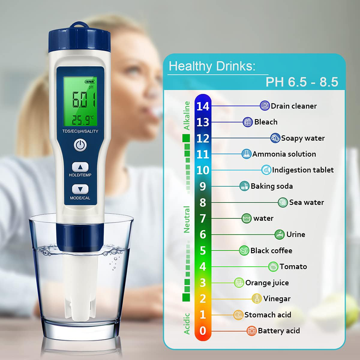 Pool Salt Tester, 5 in 1 Ph and Salt Meter for Saltwater Pool Ph and Salinity Digital Tester, Fish Pond Salt Level Testing Professional image number 5