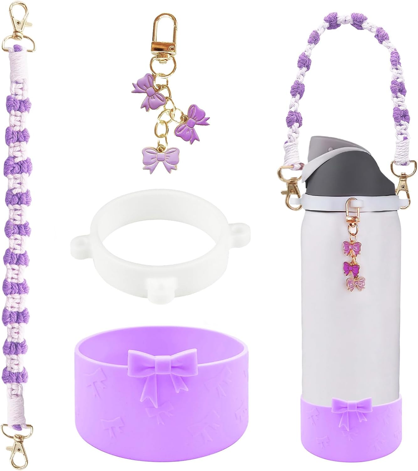 Cup Accessories for Owala Water Bottle 24/32/40Oz,Bow Charm、Bow Handle Strap and Water Bottle Boot for Owala Accessories and Stanley Cup Accessories Fits Owala Tumbler, Owala Freesip (Purple, 24 Oz)