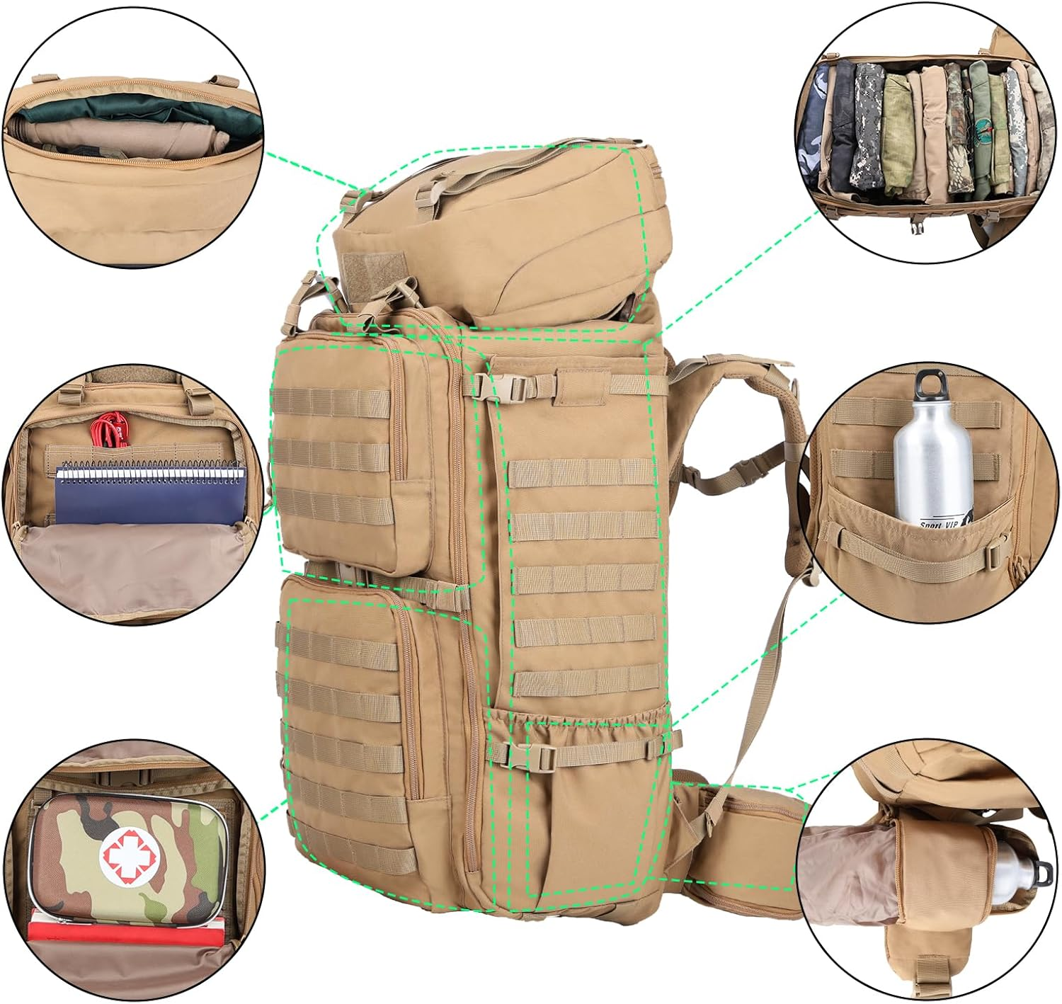 Zsearaymy 75L Hiking MOLLE Backpack with Internal Frame & Rain Cover for Tactical, Camping, Backpacking, Survival Travel image number 1