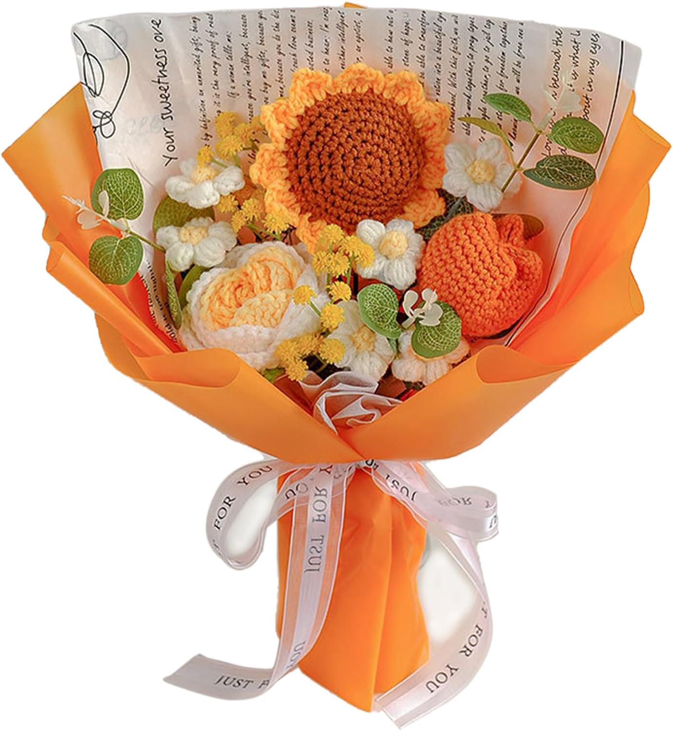 Luckybundle Crochet Flower Bouquet - Handmade Sunflower, Rose & Tulip with Baby'S Breath - Hypoallergenic Gift for Women, Mother'S Day, Get Well - Includes Gift Bag & Card