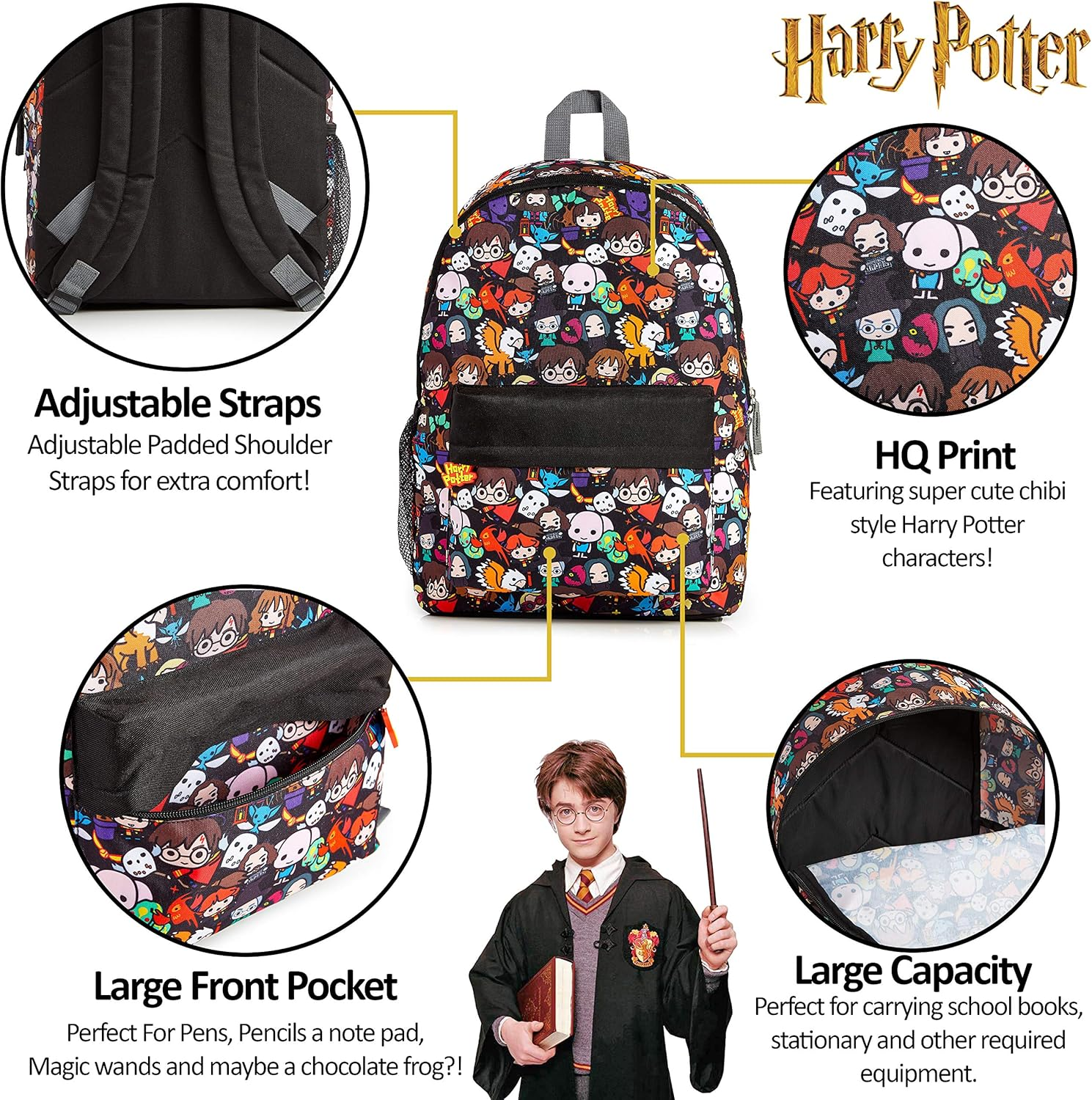 Harry Potter School Bag, Backpacks for Girls Boys with Chibi Character Print, School Supplies for Kids, Large Rucksack for School Travel, Gifts for Boys Girls Teenagers image number 2