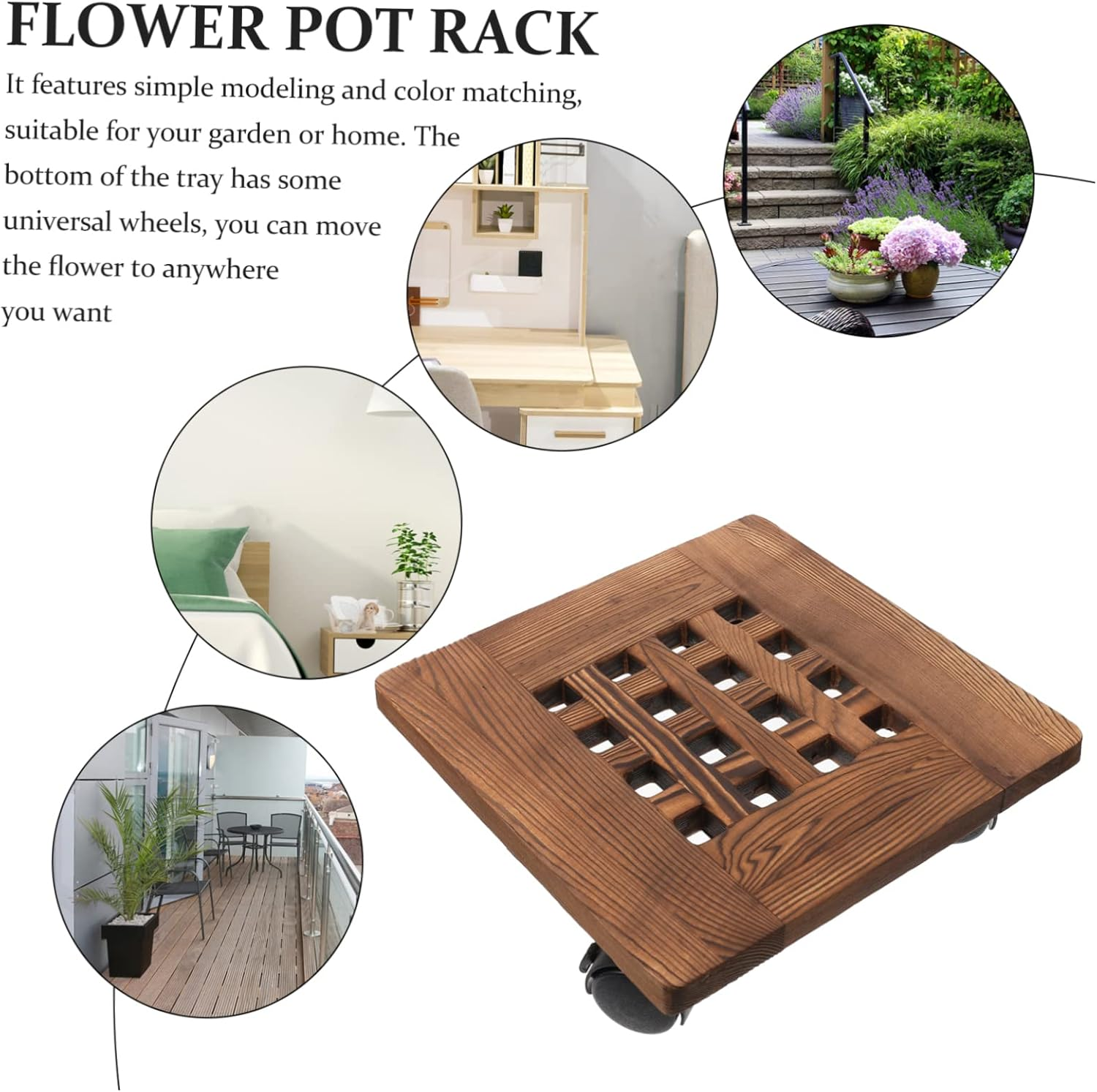 BESPORTBLE Movable Flowerpot Tray Sturdy Wooden Tray Wheels Planter Pallet for Indoor Desktop Plant Pot image number 7