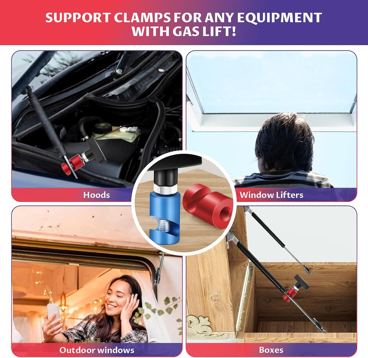 Hood Strut Clamp, 2 Pack Lift Support Clamp Hood, Car Hoods Lifting and Fixing Tool, Multi-Purpose Metal Vehicle Hoods Strut Clamps for Tailgates and Trunks with up to Dia.3/8&rdquo; (10Mm) image number 4