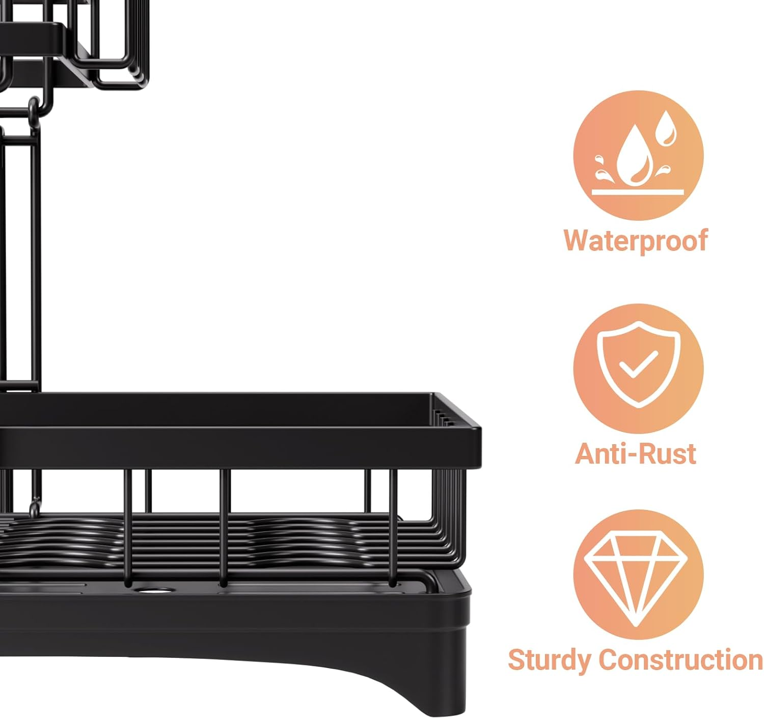Jabykare 2-Tier Dish Drying Rack with 360&deg; Rotating Drainer Board, Strong Carbon Steel Dish Drainer with Cutlery Utensil Rack & Holders for Kitchen Storage & Organisation (Black) image number 0