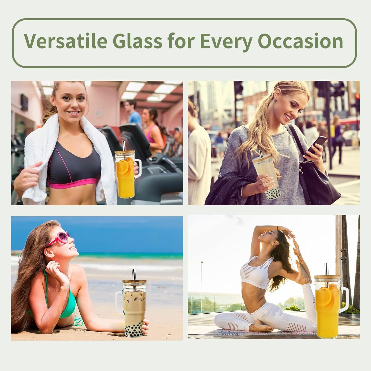 Glass Cup with Bamboo Lids and Straws 4Pcs 24Oz/700Ml Mason Jar Drinking Glass with Handle Straw Brush-Wide Mouth Reusable Drinking Glasses for Water Iced Tea or Coffee