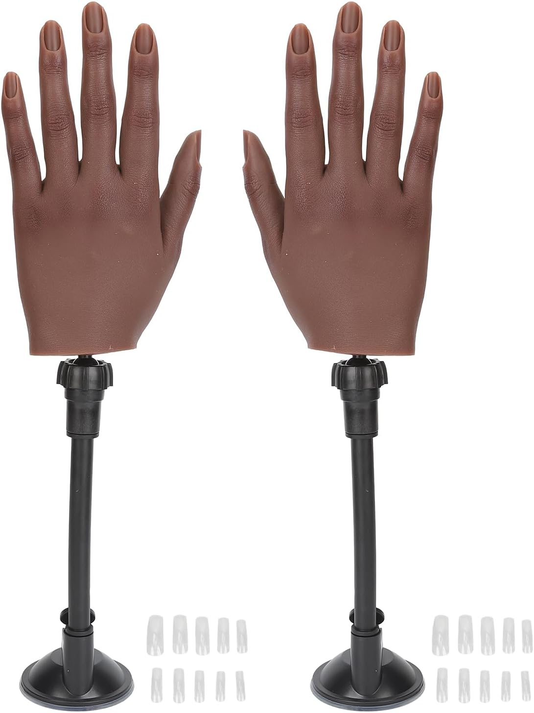 2 Pair Hand Left Right Dark Skin Color Flexible Silicone Mannequin Hand with Refill Nail Tips Suction Brackets