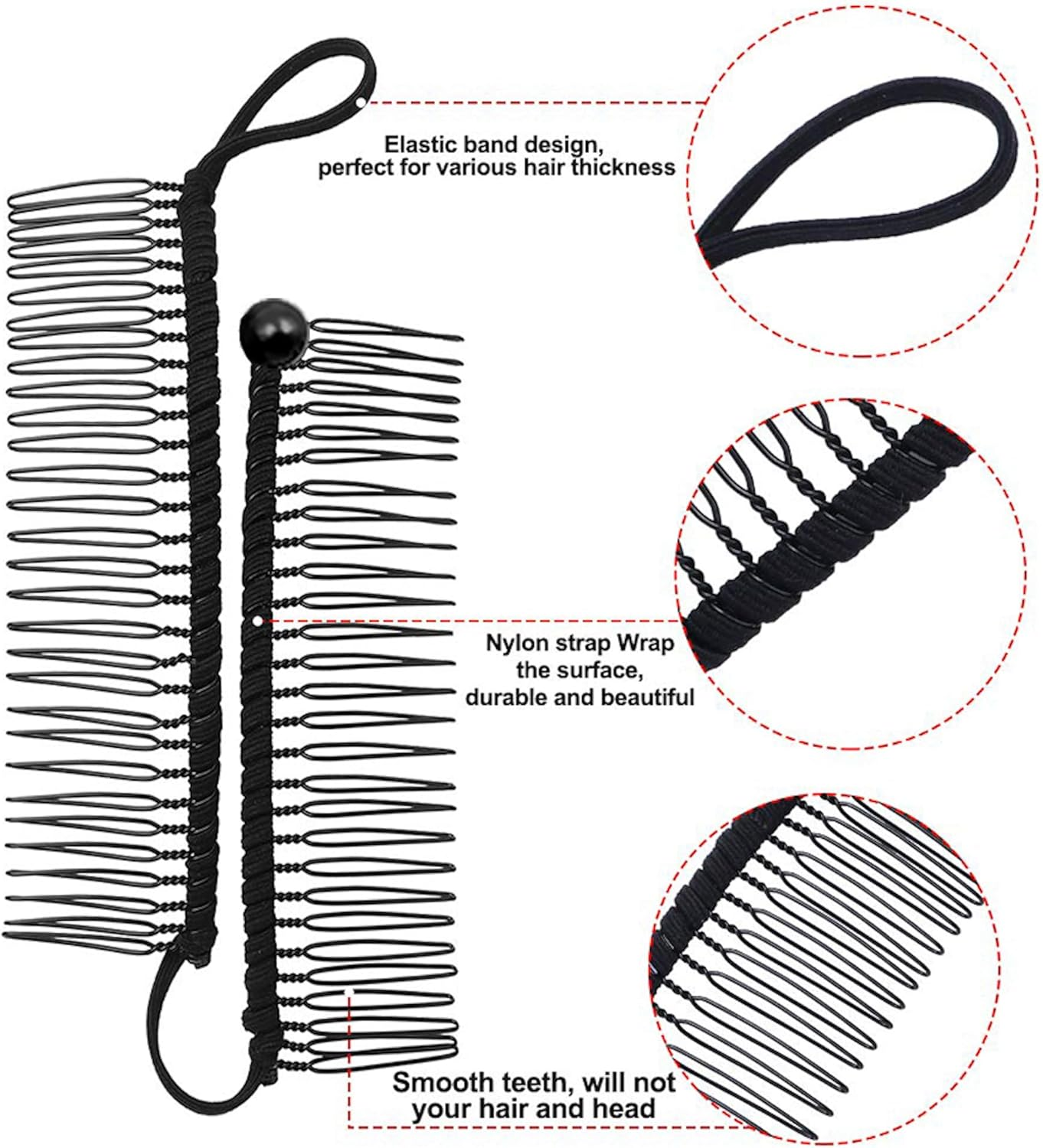 Stretchy Banana Hair Clip for Fine Thin Hair Stretch & Adjust - Decorative Sturdy & Lightweight - No Pressure or Headaches-Cord W/Bar Closur (Small, Black,20-Teeth) image number 4