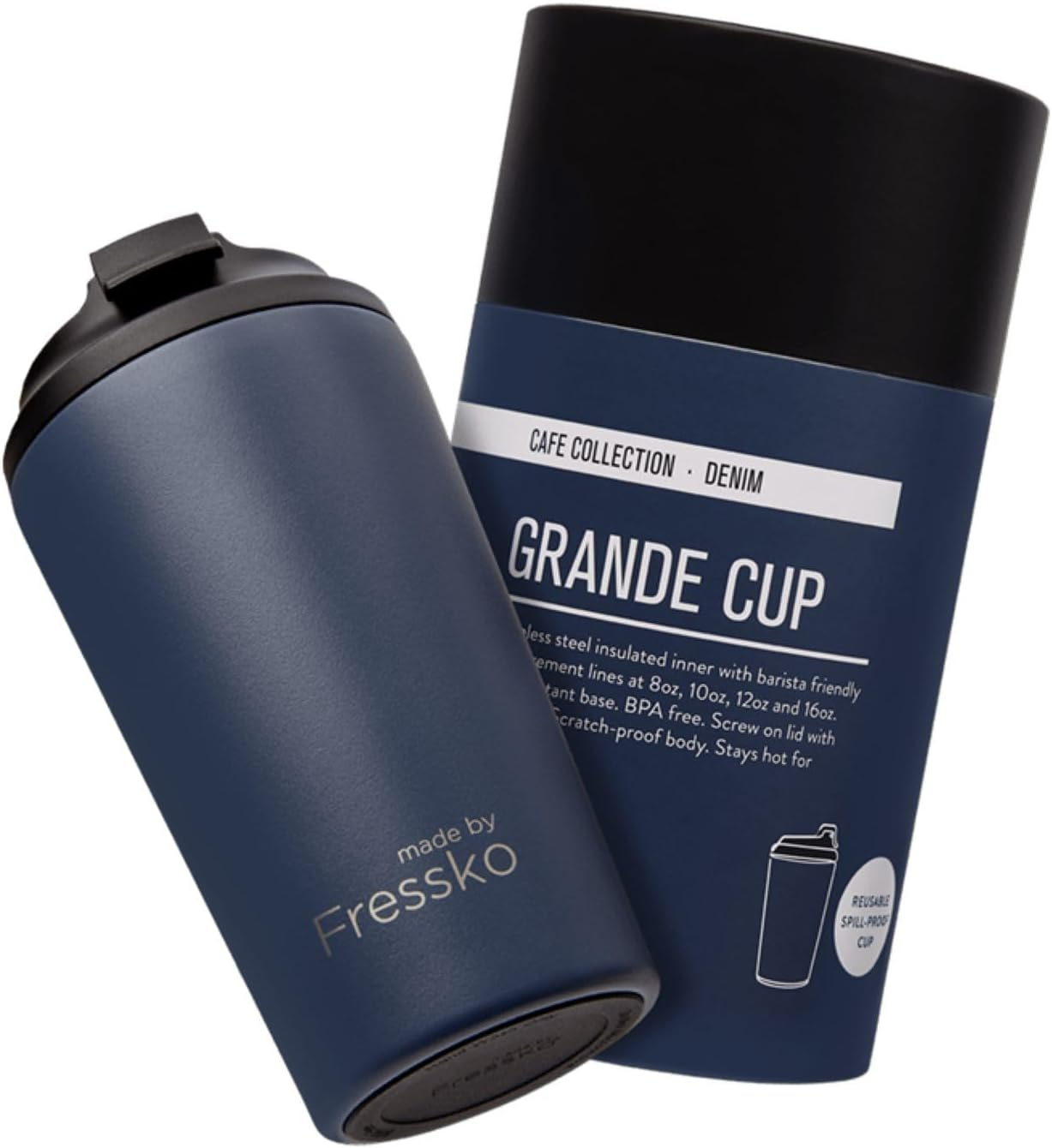 Made by Fressko Reusable Coffee Cup - Stainless Steel Insulated Mug - Leak Proof Travel Cup for Hot/Cold Drinks - 3 Hr Heat Retention - Fits Car Holders & Coffee Machines - Denim - 16Oz 450Ml image number 1