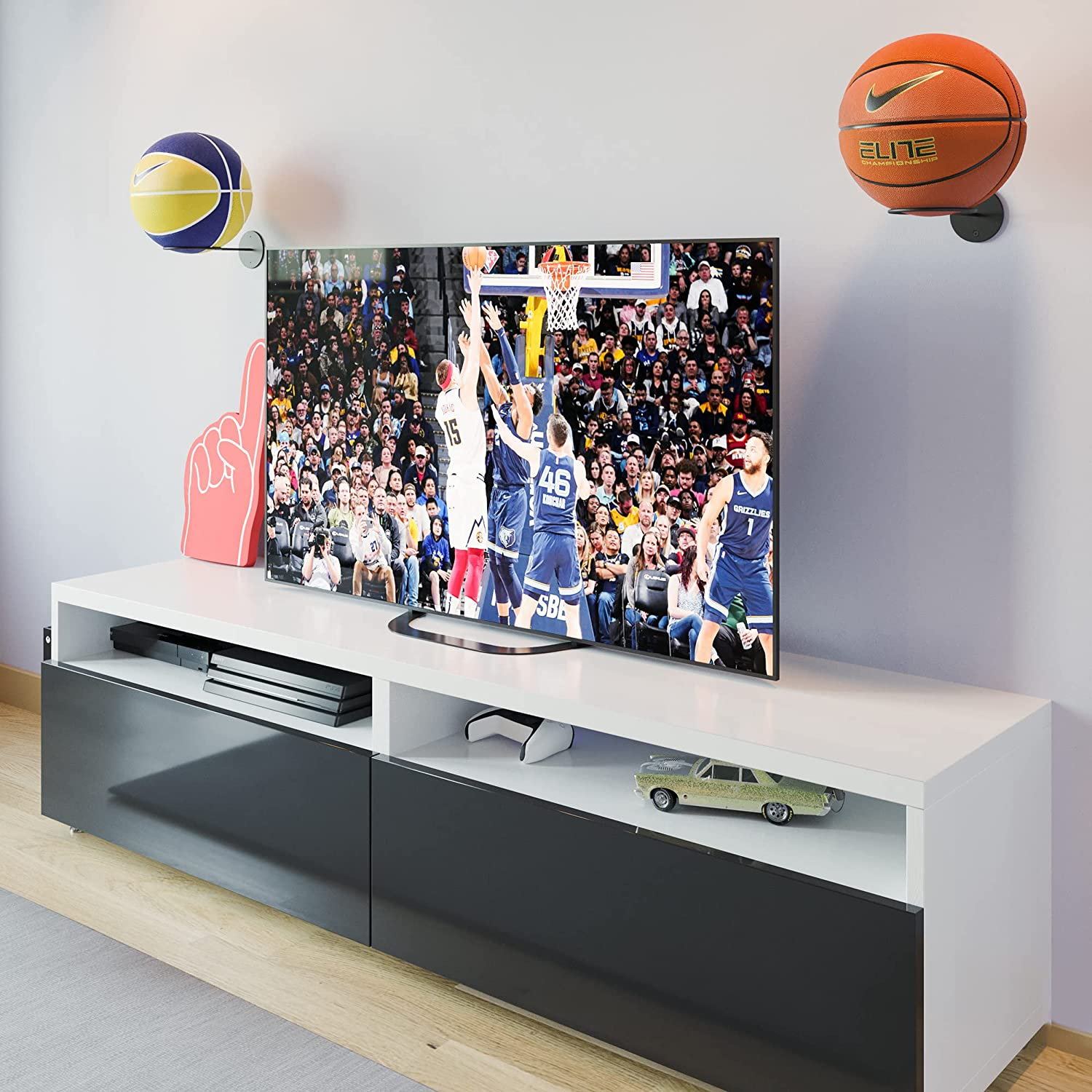 Wallniture Palla Ball Storage Rack Wall Mounted Set of 2, Soccer Ball, Volleyball, Football & Basketball Rack for Man Cave and Kids Room Decor, Display Stand for Sports Memorabilia, Black image number 5