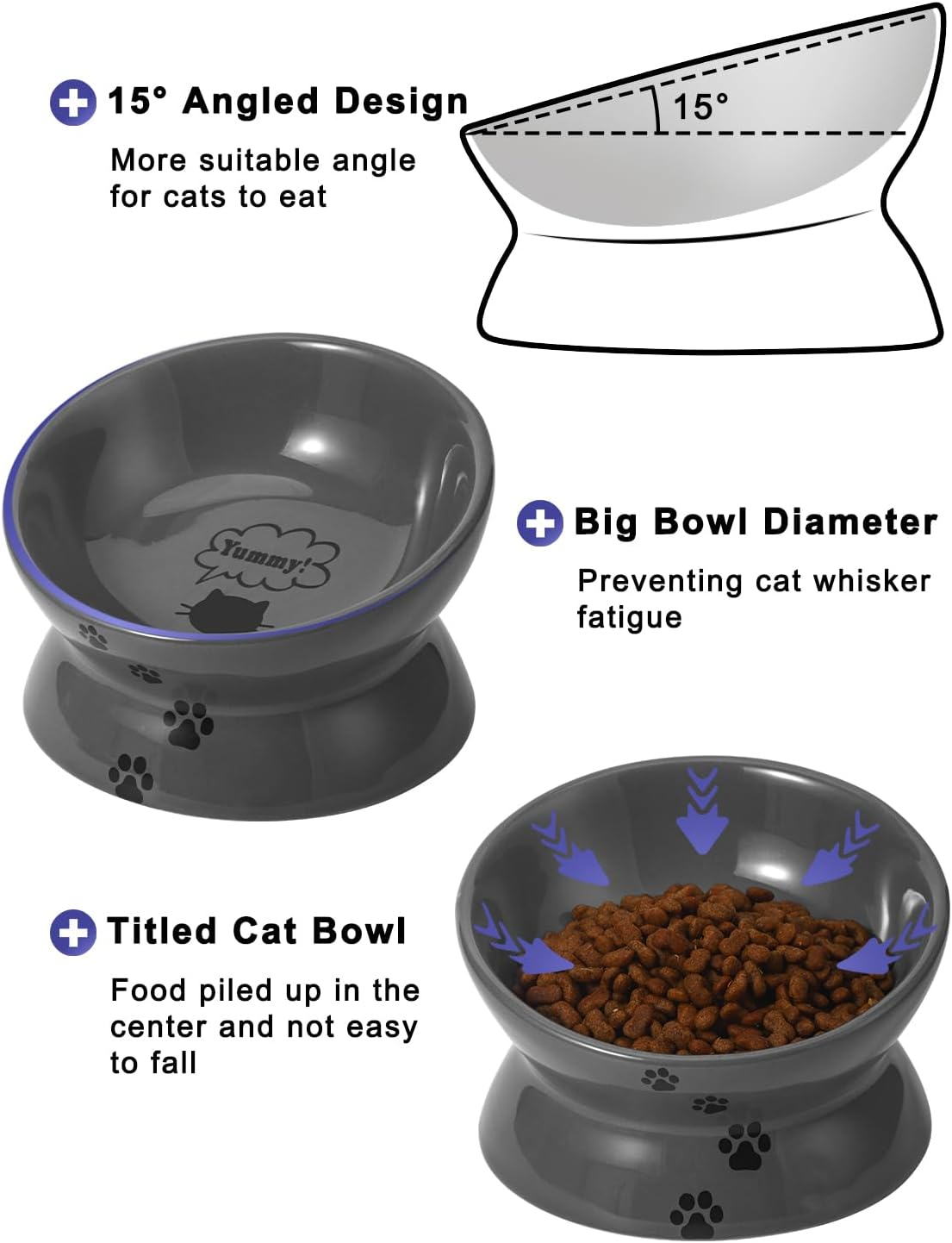 Y YHY Raised Cat Food Bowl, Ceramic Elevated Cat Bowl, Title Angle Protect Cat'S Spine, anti Vomiting Cat Dish, Backflow Prevention, Grey image number 4