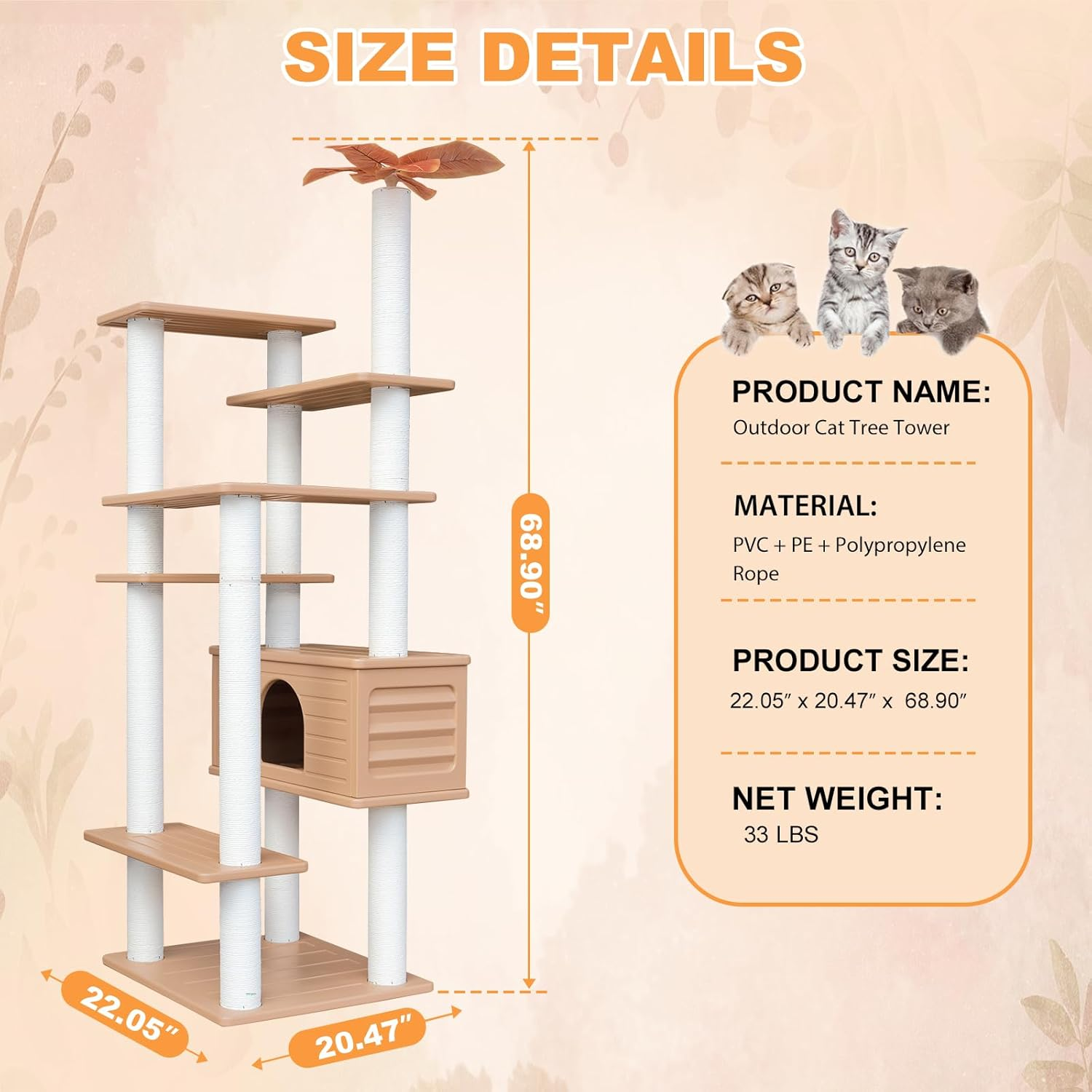 MAOHEGOU 68.9 Inches Tall Outdoor Weatherproof Cat Tower, Multi-Level Cat Tree, Large Cat Condo with PVC Board and Cat Scratching Posts, for outside and Indoor Cat Houses image number 6