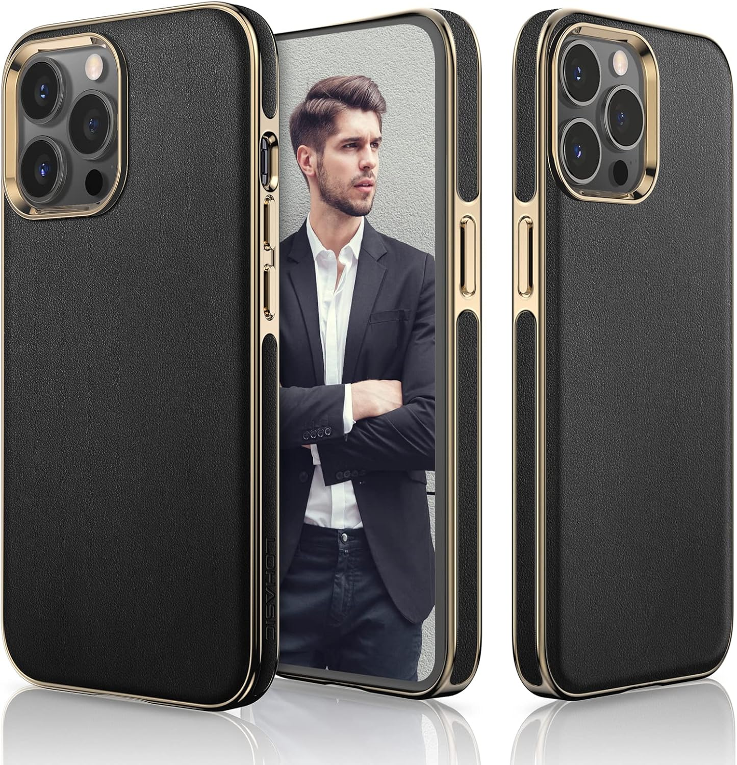 LOHASIC Designed for Iphone 13 Pro Leather Case, Luxury Business Classic Non Slip Soft Grip Full Body Protective Men Phone Cases Cover Compatible with Iphone 13 Pro 5G 6.1 Inch - Black Gold