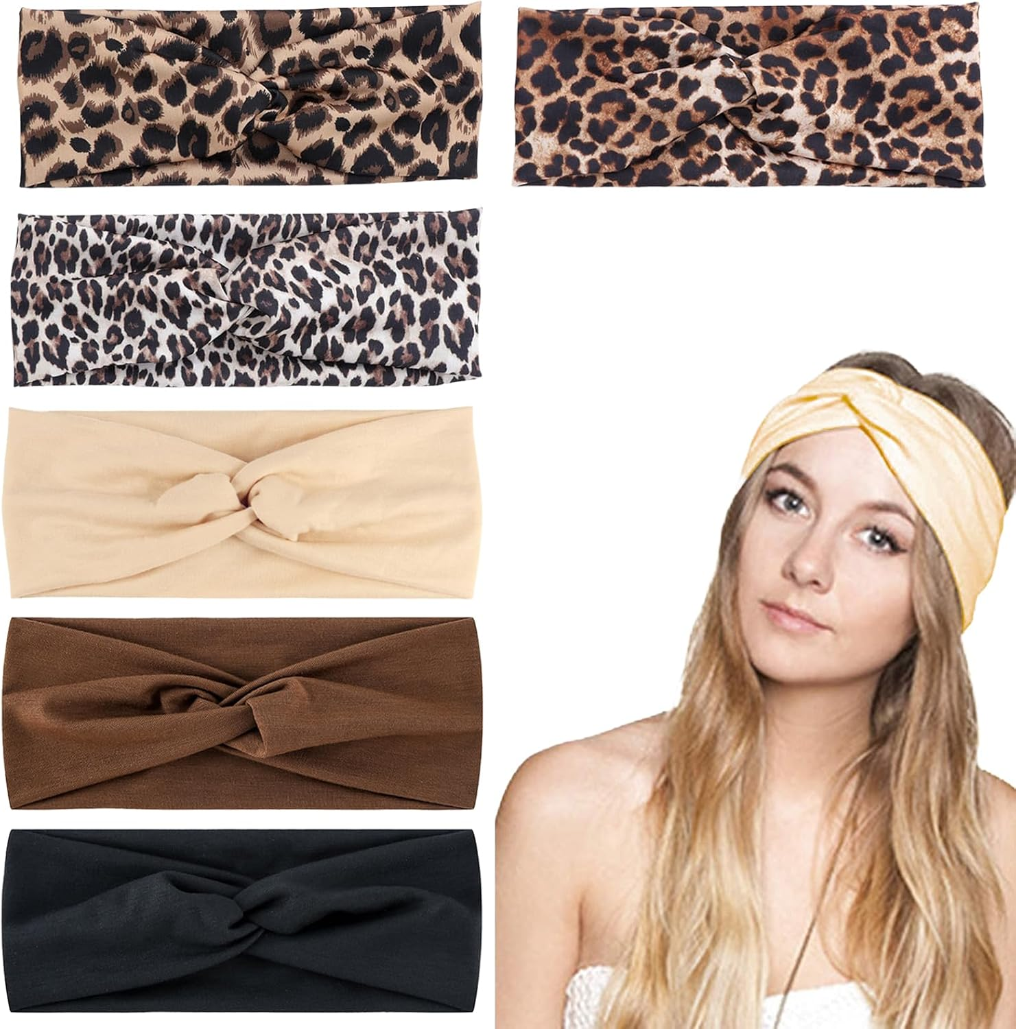 6 Pcs Leopard Print & Solid Color Hair Bands,Wide Elastic Headbands for Women,Yoga Sports Hair Bands,Boho Fashion Knotted Headbands for Women Girls image number 6
