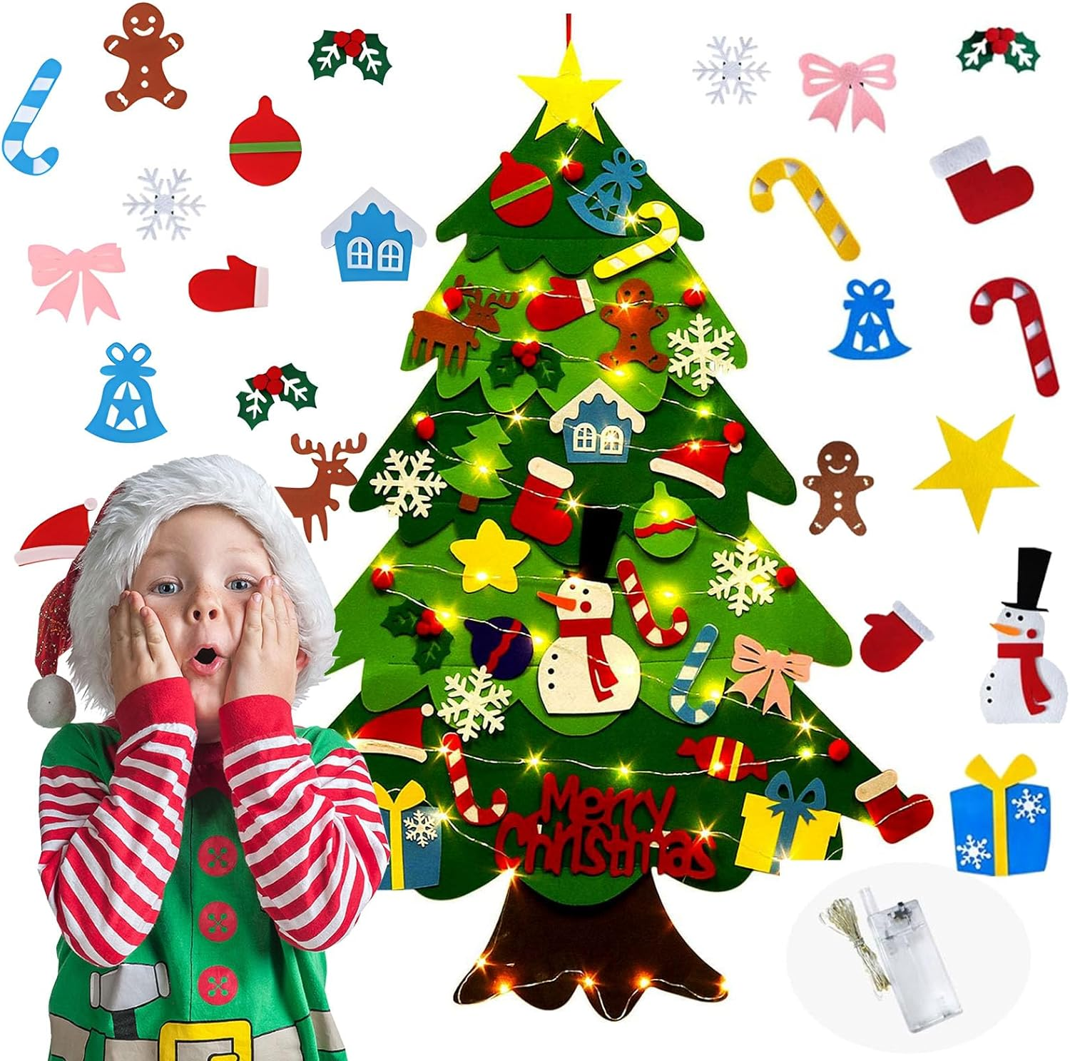 DIY Lighted Felt Christmas Tree Set Xmas Decorations Wall Hanging 32 Ornaments Kids Gift with String Light (Batteries Not Included) image number 3