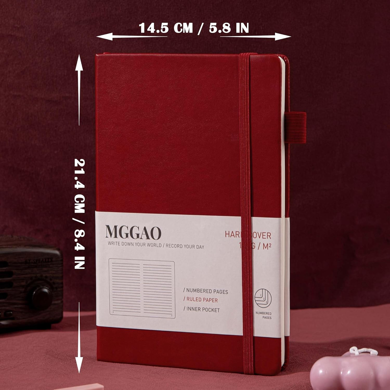 MGGAO A5 Ruled Journal 100 GSM Lined Thick Paper with 188 Numbered Pages Premium Faux Leather Hardcover Notebook for Personal Writing Study Office Travel Recording (Red,Ruled) image number 2