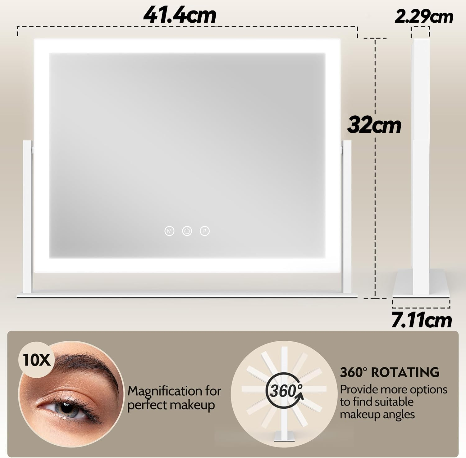 Lighted Makeup Mirror, 41X32Cm Hollywood Vanity Mirror with Lights, 10X Magnification, 3 Color Lighting Modes, Smart Touch Control, 360&deg; Rotation for Bedroom or Tabletop (White) image number 2