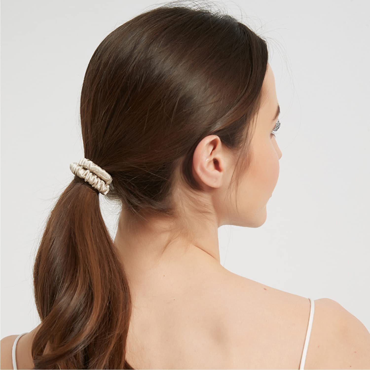 Silk Scrunchie, 100% Pure Mulberry Silk Scrunchie Small Slim Hair Tie for Women Silk Scrunchies for Thin Thick Curly Hair Luxurious Elastic Scrunchies Set (4 Scrunchies, 2Black+1Coffee+1Beige) image number 1