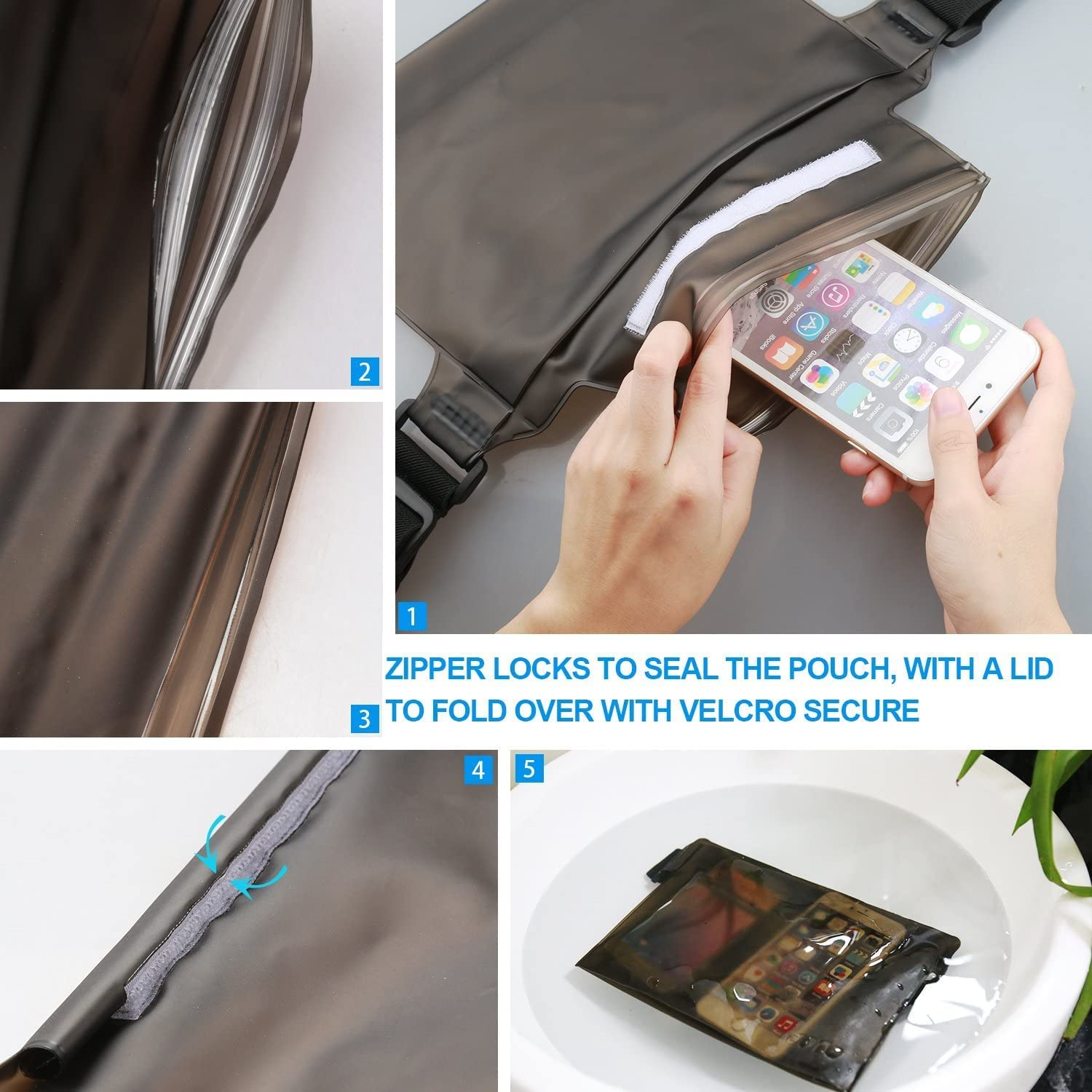 Waterproof Case Dry Bag Pouch Waist Pack with Strap, JOTO Waterproof Case Bag for Beach, Swimming, Boating, Fishing, Protect Your Cellphone, Camera, Cash, Wallet, Passport from Water Sand (Black) image number 5