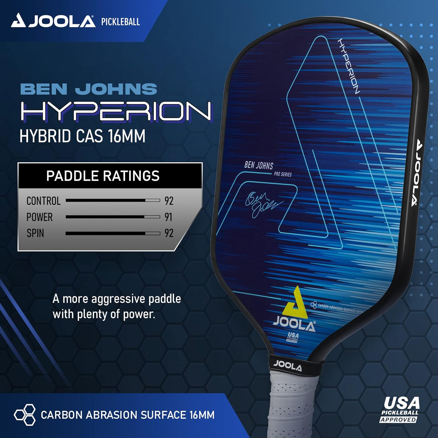 JOOLA Ben Johns Hyperion CFS Pickleball Paddle - Official Ben Johns Paddle - USAPA Approved Racket for Tournament Play - Edge to Edge Sweet Spot, Durable Max Spin Surface & Elongated Handle
