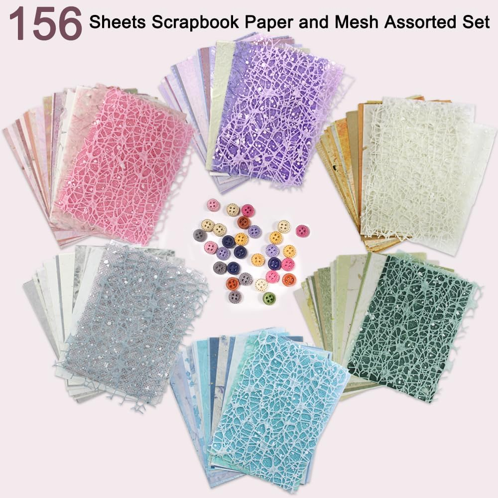 156 Sheets Scrapbook Paper Textured Paper Assorted Set, Finegood Decorative Mesh Fabric Paper for Card Making Scrapbooking Journaling Supplies image number 4