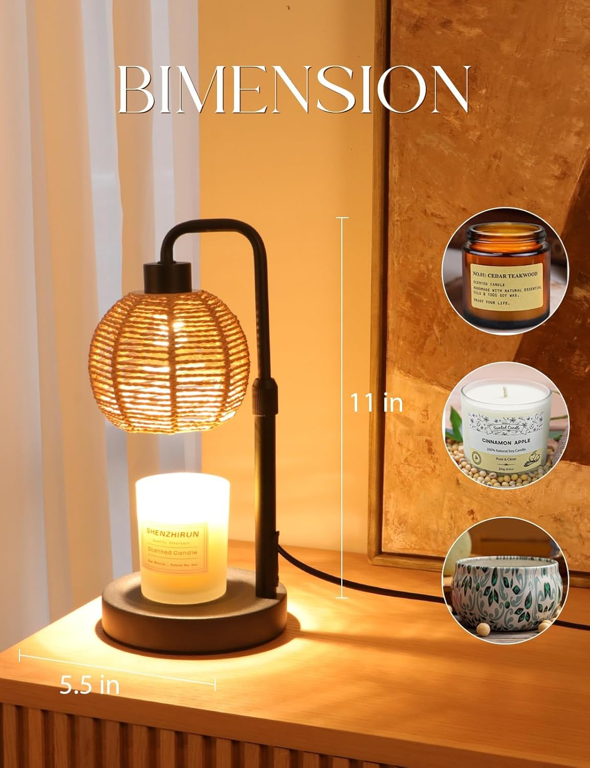 Candle Warmer Lamp with Timer & Dimmer - Adjustable Height Electric Wax Melter for Jar Candles, Natural Weave Shade（With 2 Bulbs）