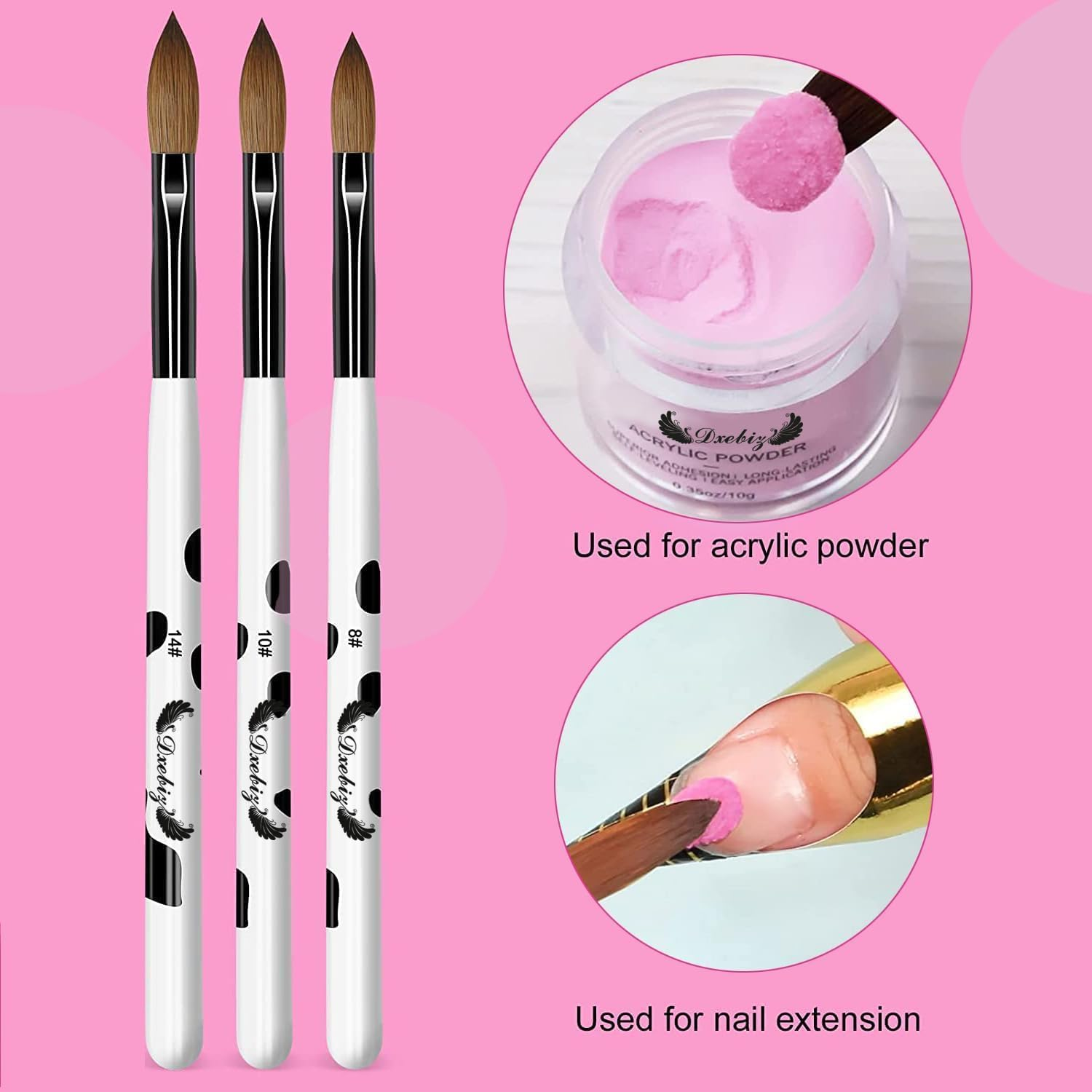 MAGIC ARMOR 3 Piece Acrylic Nail Brush Set, 8/10/14 Sizes, Nylon Bristles, Pink, DIY Nail Design image number 2