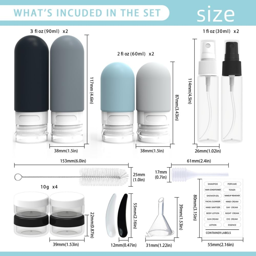 DACUAN Travel Bottles Set, 17 Pack Silicone Travel Containers, Multifunctional Travel Size Toiletries, Portable Travel Essentials for Toiletries Conditioner Shampoo Lotion and Body Wash (Kits B)