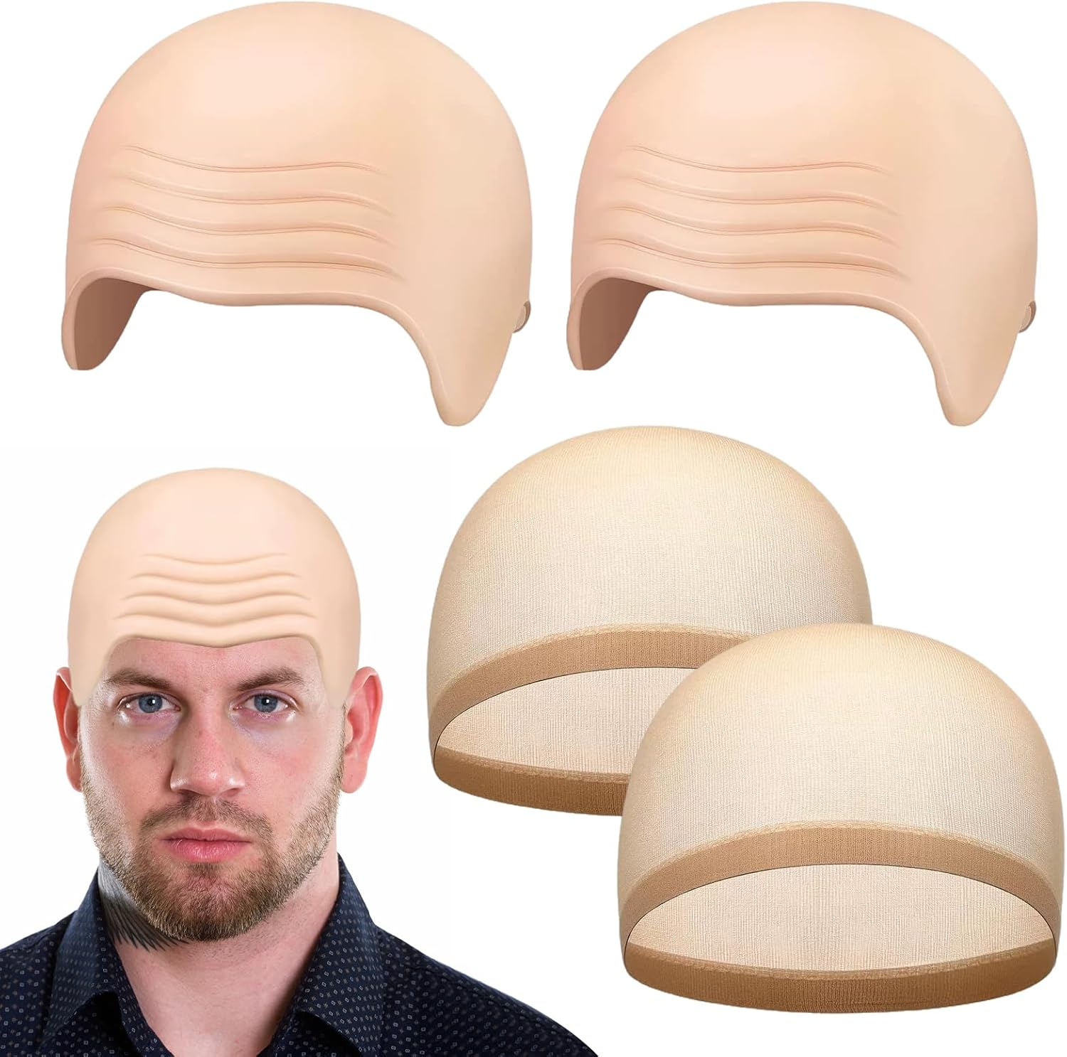 Pack of 2 Bald Cap and 2 Bald Heads, Pitbull Bald Caps, Pitbull Bald, Costume Set with Bald Head for Wig Makeup, Halloween Role Play, Costume Accessories