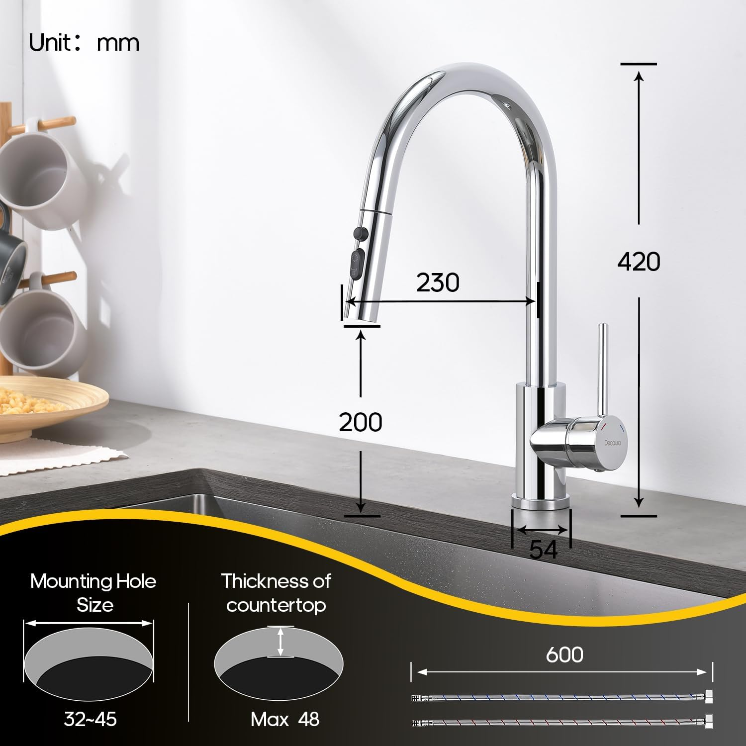 Decaura Polished Chrome Lead-Free Kitchen Mixer Taps Pull Out 3-Mode Metal Sprayer Laundry Sink Mixer Tap 360&deg; Swivel Spout (Chrome) - Chrome image number 2