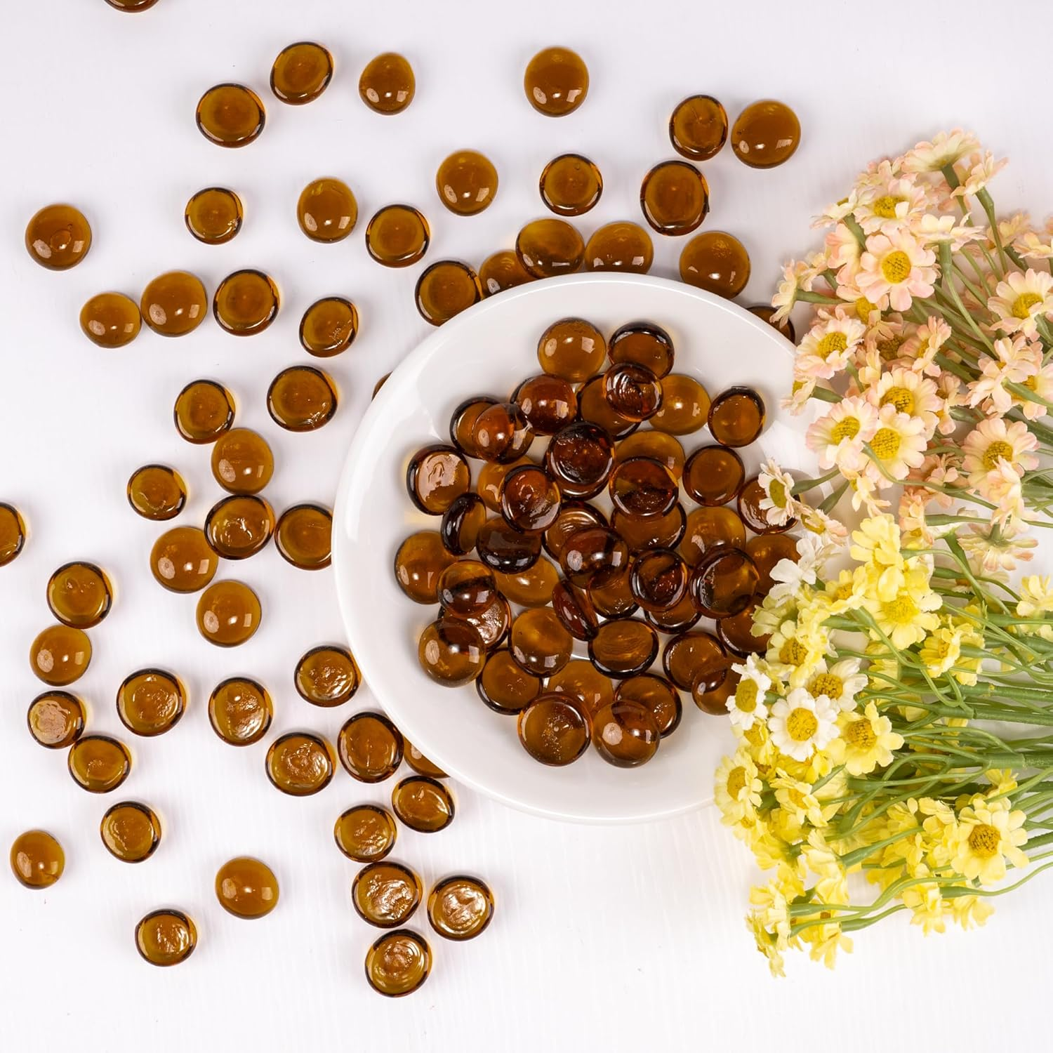 Glass Marbles, 0.97 LB Transparent and Smooth Flat Glass Beads for Vases, Mosaic Gem Pebbles for Aquarium Decor, Floral Arrangements, Mancala Stones, Vase Filler and Crafts,Brown - Blue image number 3