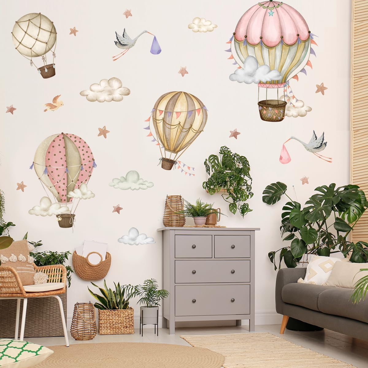 Removable Hot Air Balloons Wall Decals Watercolor Balloons Birds Stars Wall Stickers DIY Hand Painting Hot Air Balloons Clouds Flags Decor for Kids Girls Bedroom Living Room Nursery Decor image number 4