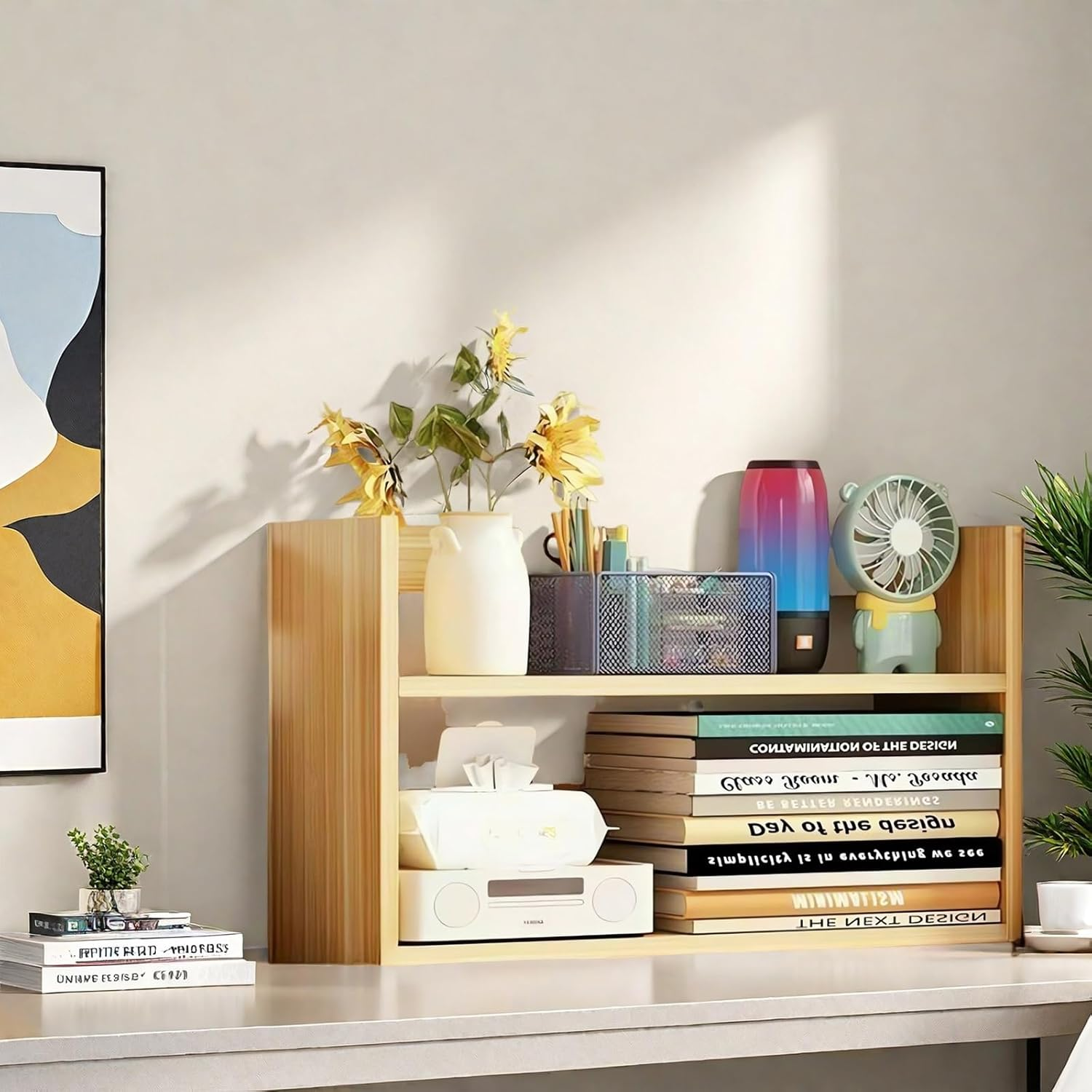 Bookcase, Desktop Organiser Shelf, 2-Tier Wooden Storage Rack for Books and Office Supplies Bookshelf A206 (White) image number 1